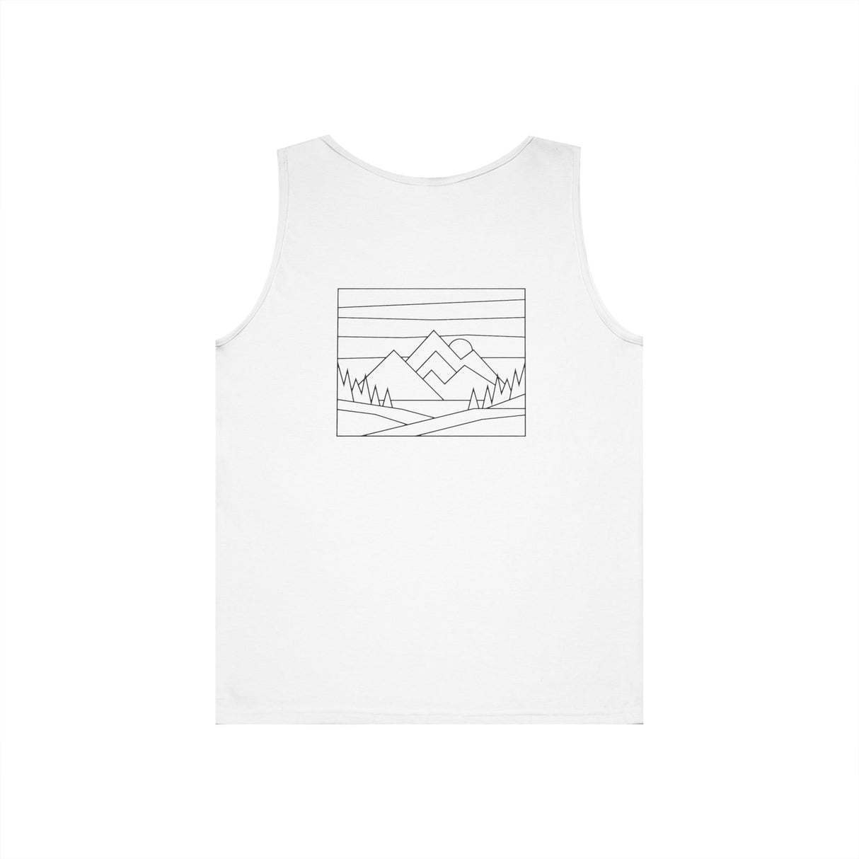 Printify Mountain Tank Top from the Nature Series featuring a mountain graphic and the slogan "Built by Nature. Shaped by Choice."