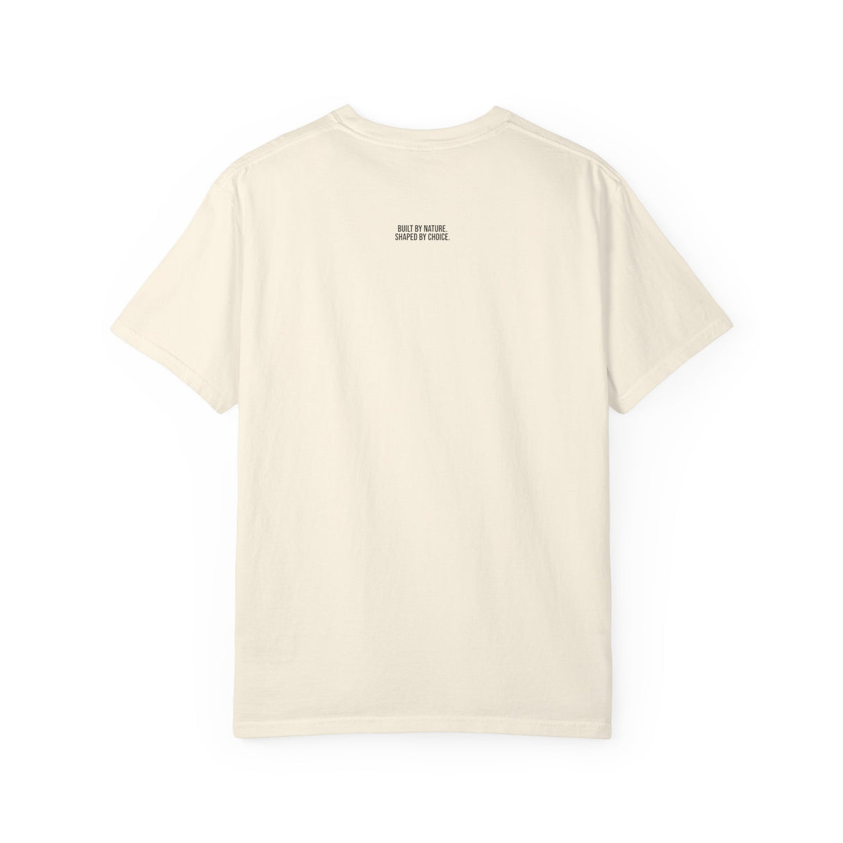 Printify Mountain Tee t-shirt featuring "Built by Nature, Shaped by Choice" from the Nature Series, with mountain graphic design.