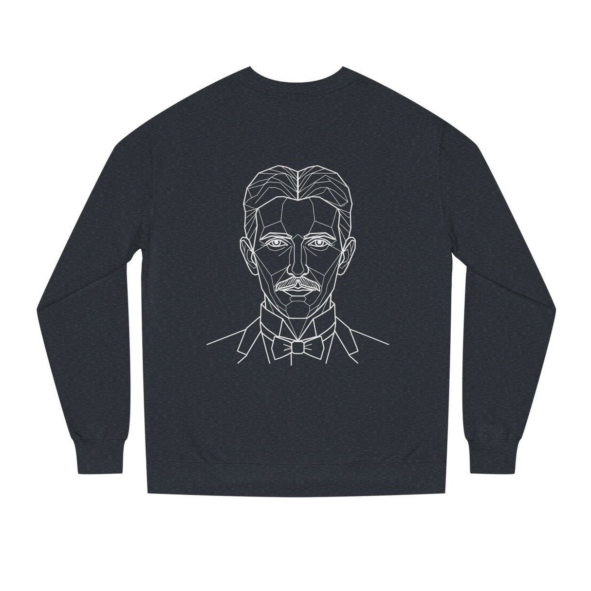 N. Tesla sweatshirt featuring the quote "Think in Terms of Energy, Frequency and Vibration" from the Visionaries Series, printed by Printify.