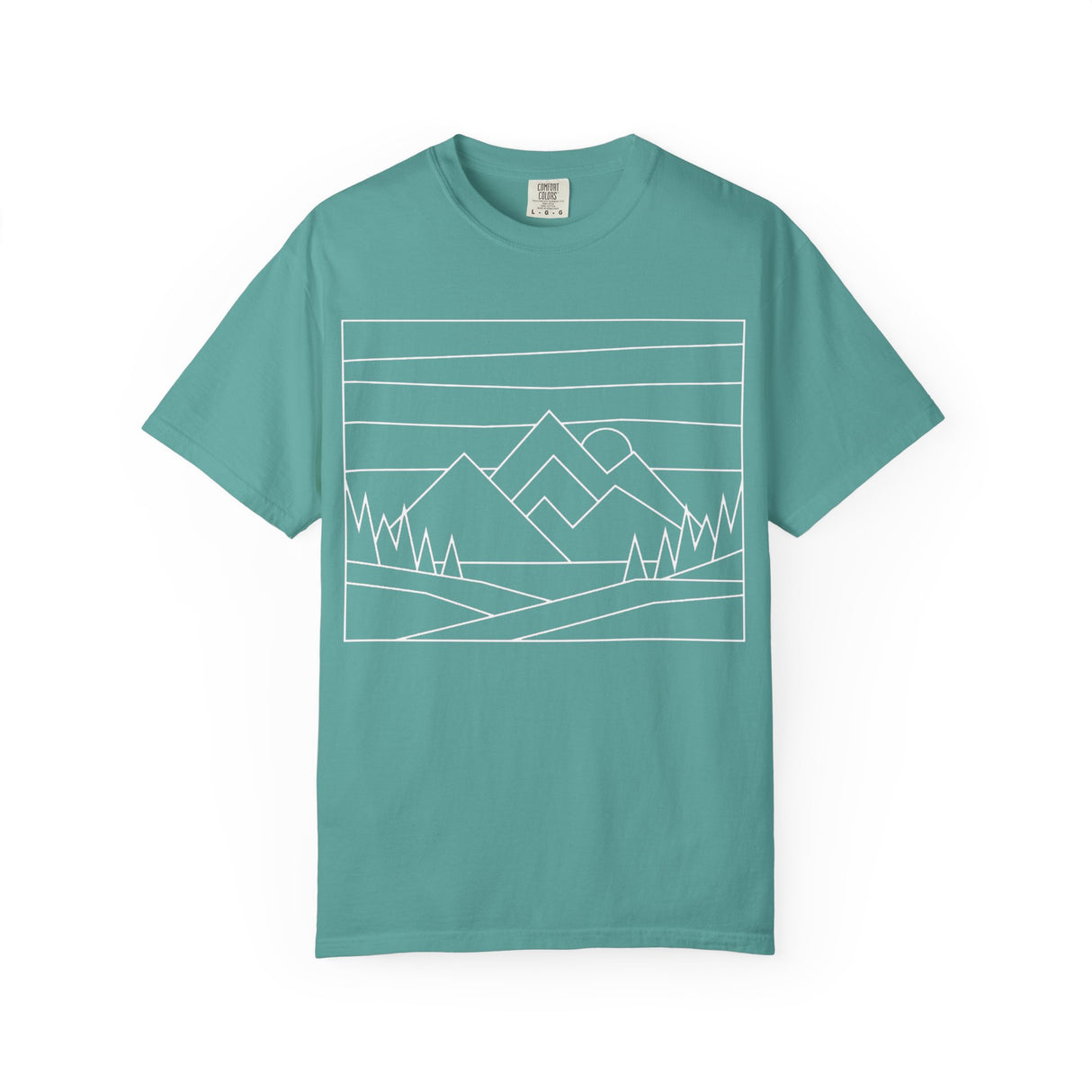Printify Mountain T-Shirt from the Nature Series featuring a mountain graphic and the phrase "Built by Nature. Shaped by Choice."