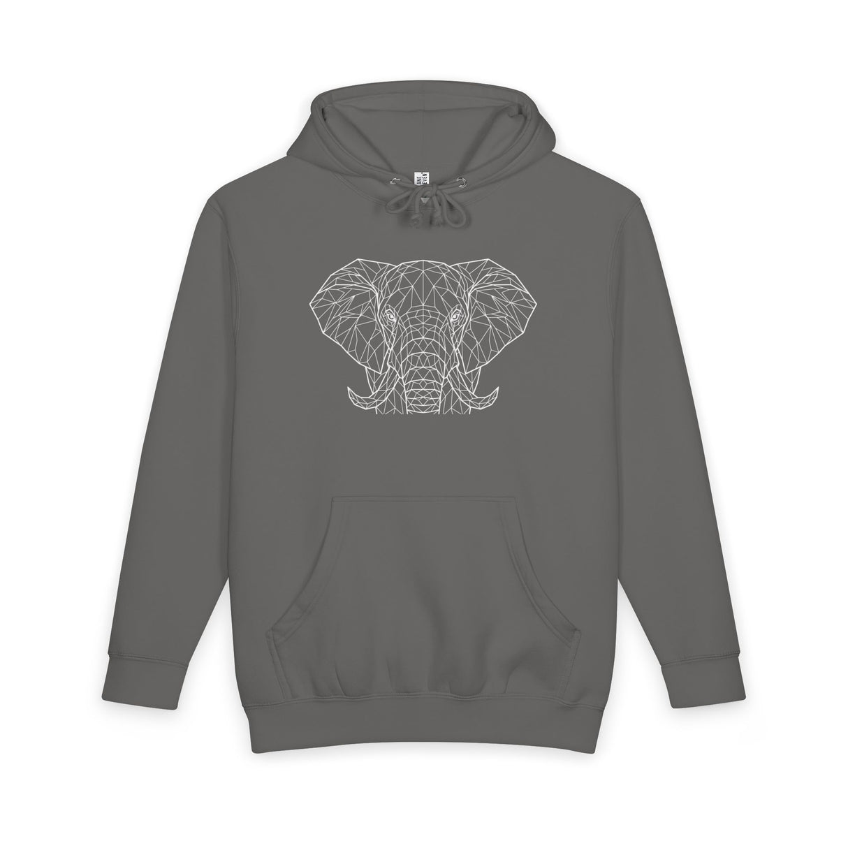 Gray elephant hoodie from the Geometric Animal Series featuring "Thick Skin. Soft Heart." by Printify, shown on a model.