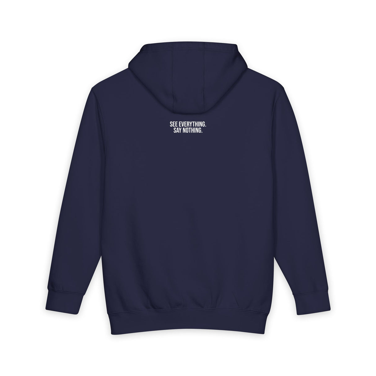 Gray owl hoodie from Printify's geometric animal series featuring the quote "See Everything. Say Nothing." on the front.