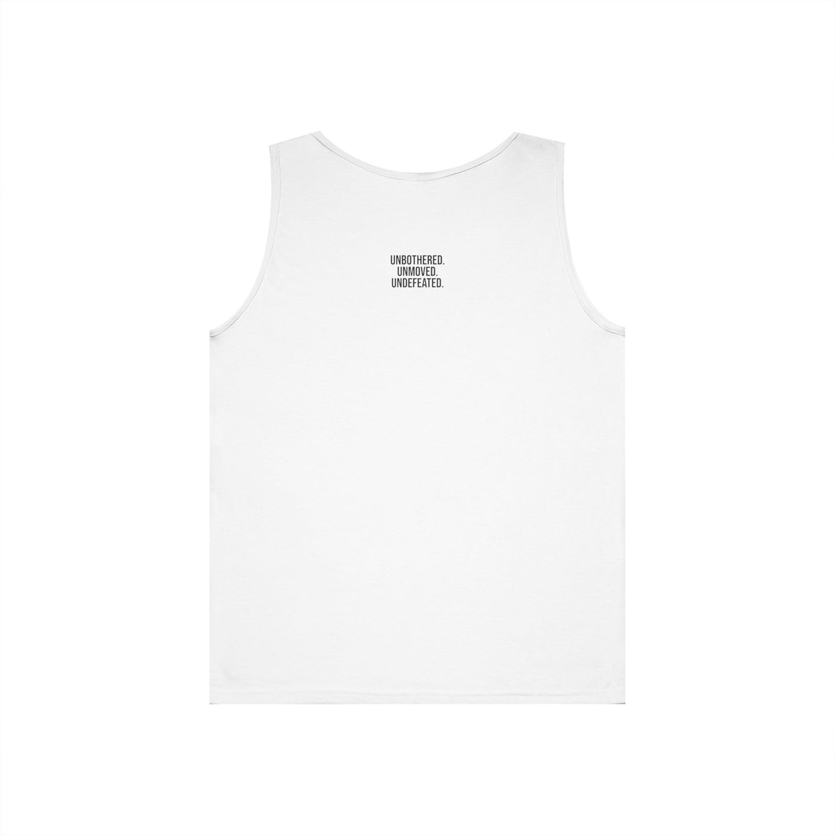 Black bear tank top from Printify's geometric animal series featuring "Unbothered. Unmoved. Undefeated." design on soft fabric.