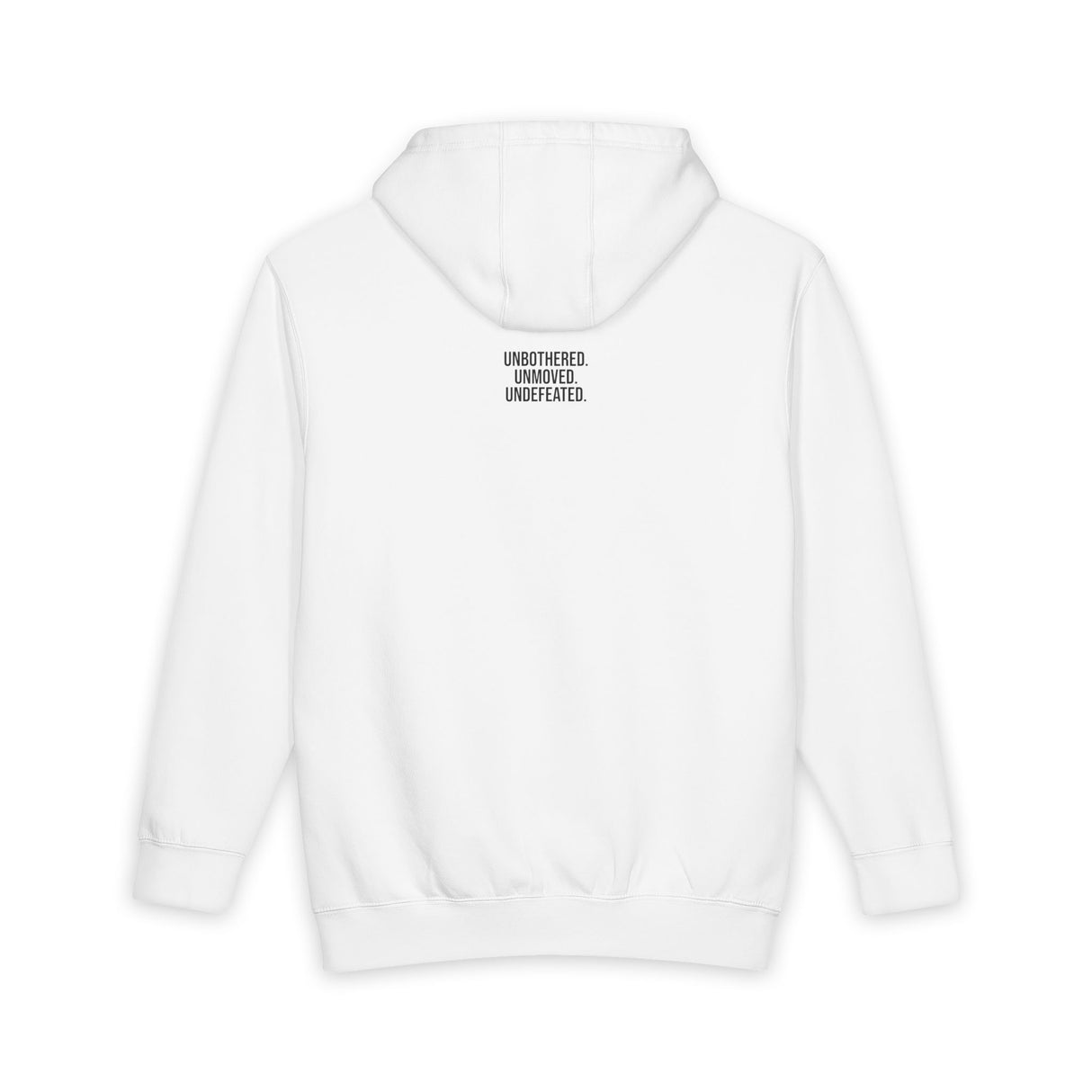 Gray bear hoodie from Printify's Geometric Animal Series featuring "Unbothered. Unmoved. Undefeated." design on the front.