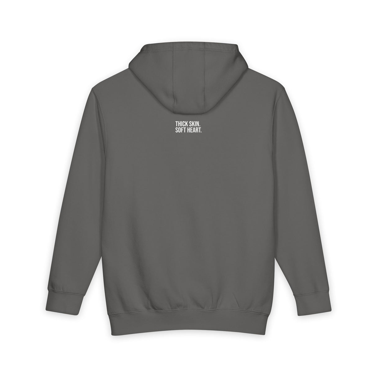 Gray elephant hoodie with geometric design and "Thick Skin. Soft Heart." text from Printify's Animal Series, cozy and stylish.