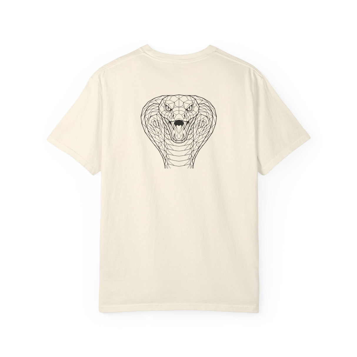 Beige t-shirt with a snake graphic on the back against a white background
