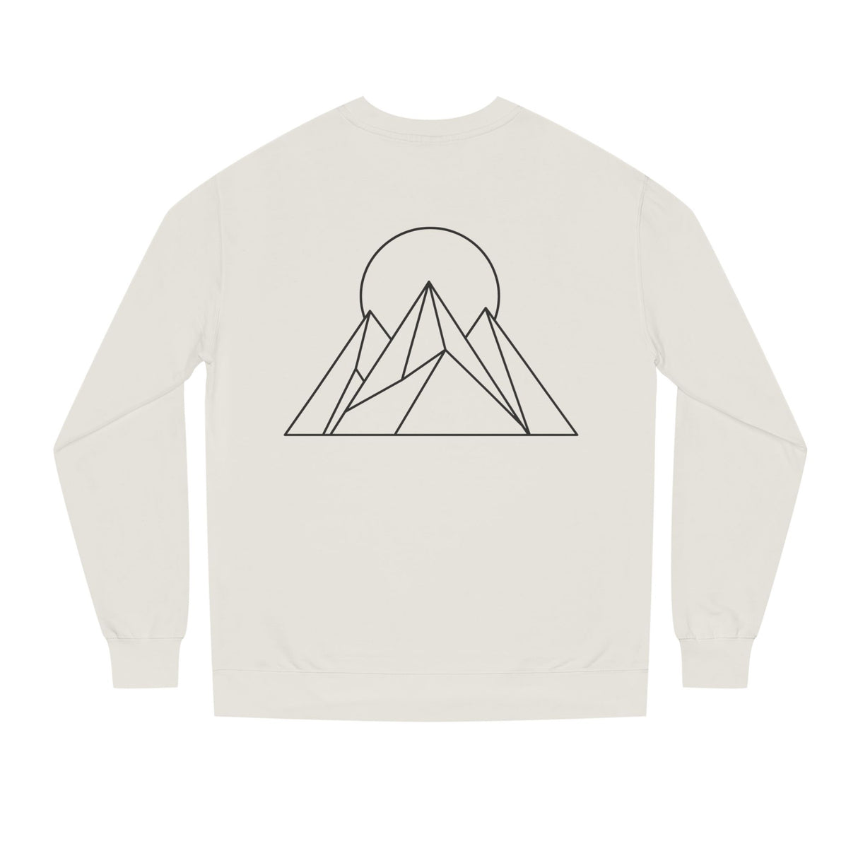 White sweatshirt with black geometric mountain design on a white background