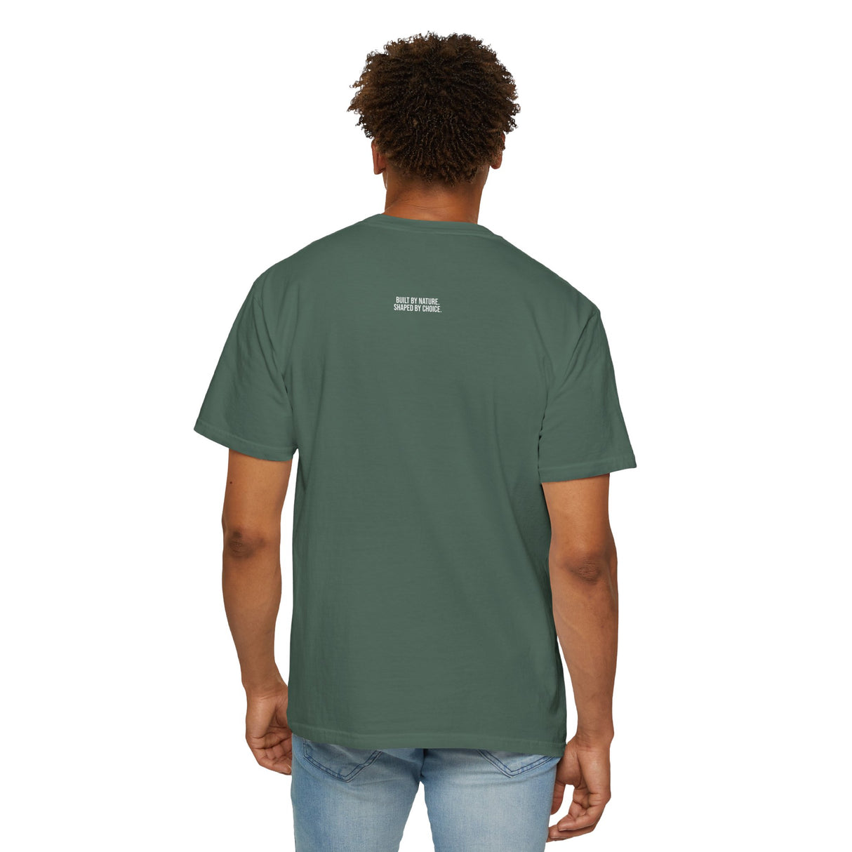 Light green Mountain Tee by Printify featuring "Built by Nature. Shaped by Choice." text, casual fit, and nature-inspired design.