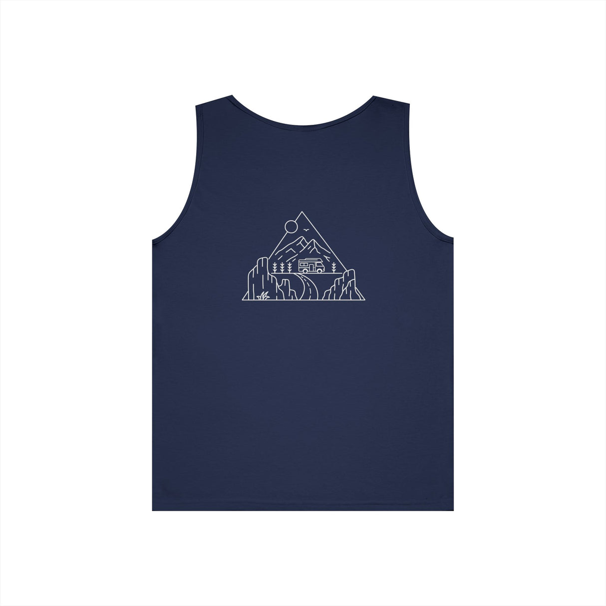 Printify Road Trip Tank Top from the Nature Series featuring the phrase "Nowhere to Be. Everywhere to Go." displayed on the front.