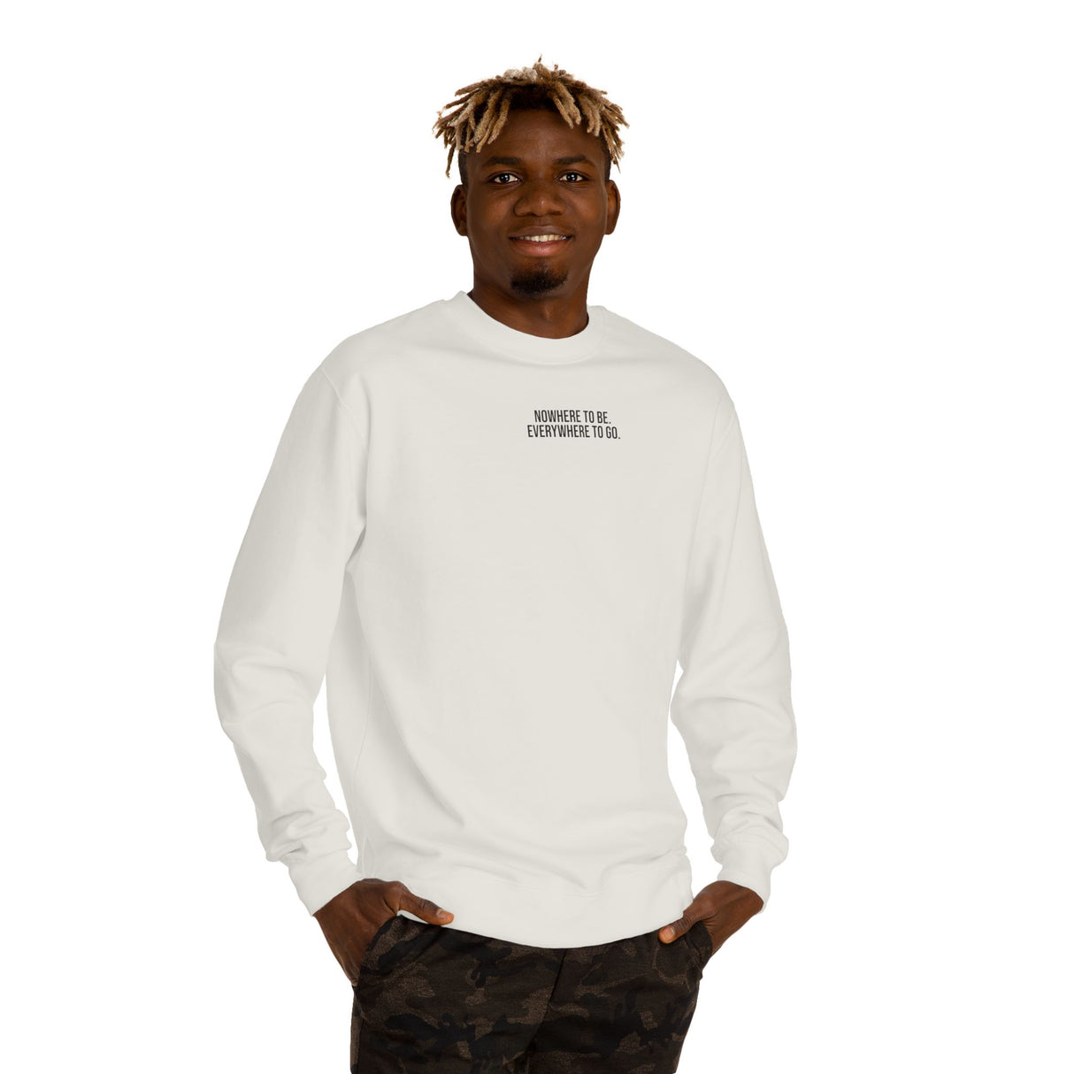 Printify Road Trip Sweatshirt from the Nature Series with "Nowhere to Be. Everywhere to Go." slogan, featuring a cozy, casual fit.