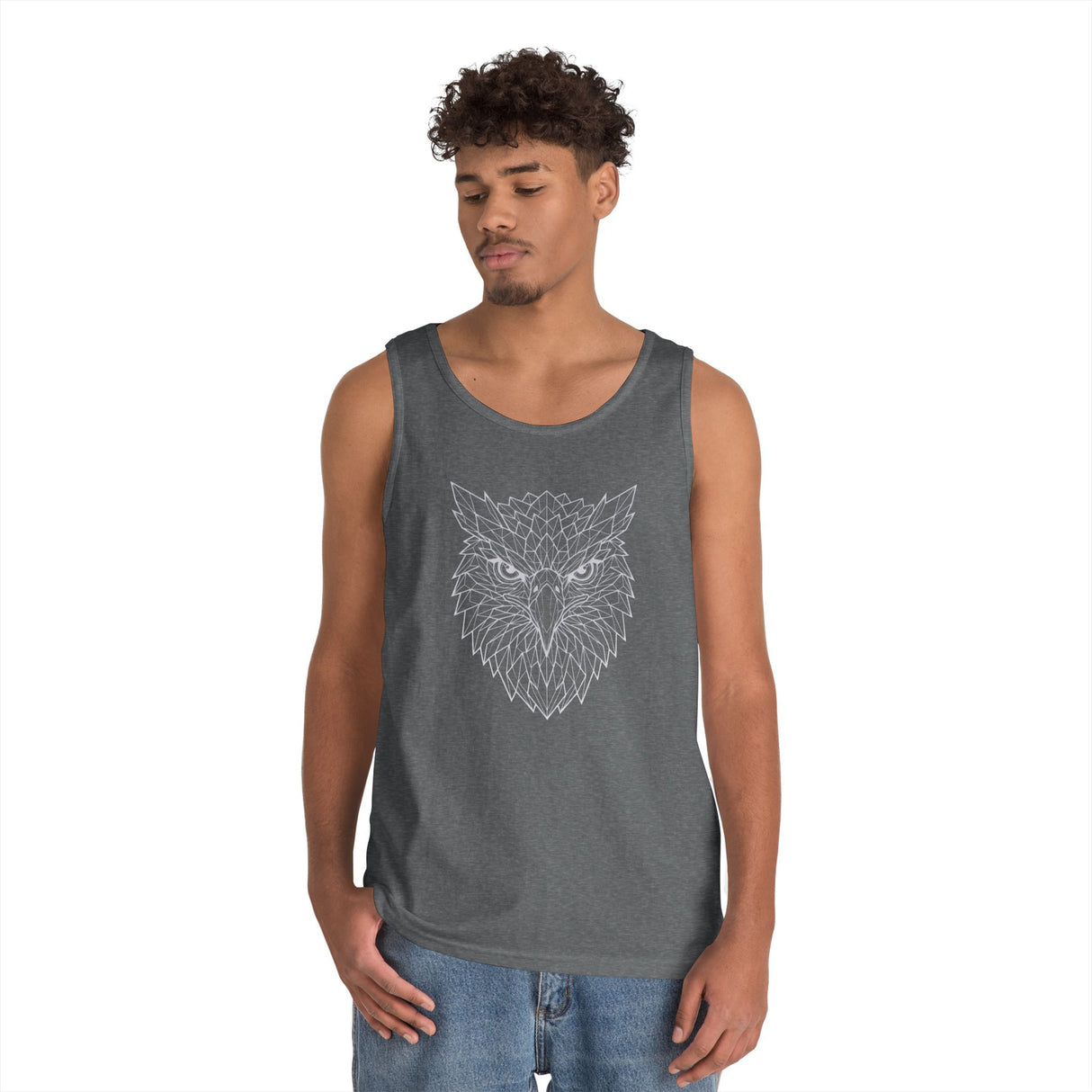 Eagle Tank Top from Printify's Geometric Animal Series featuring a stylized eagle design on a sleeveless tank top.