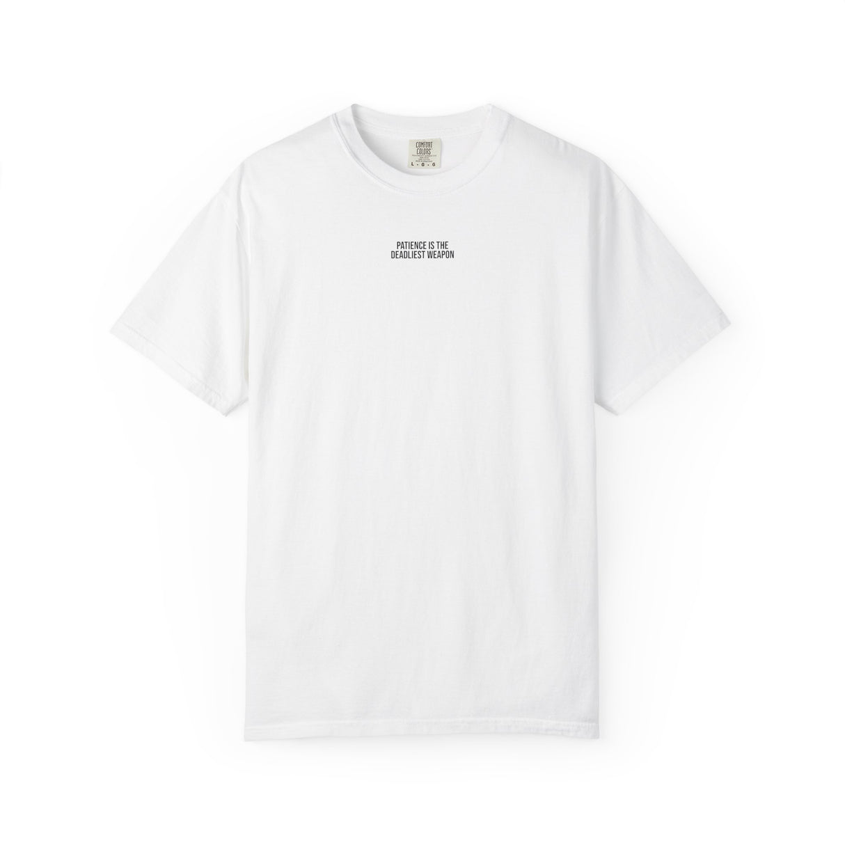Printify Cobra Tee featuring a geometric snake design with the quote "Patience is the Deadliest Weapon," from the Geometric Animal Series.
