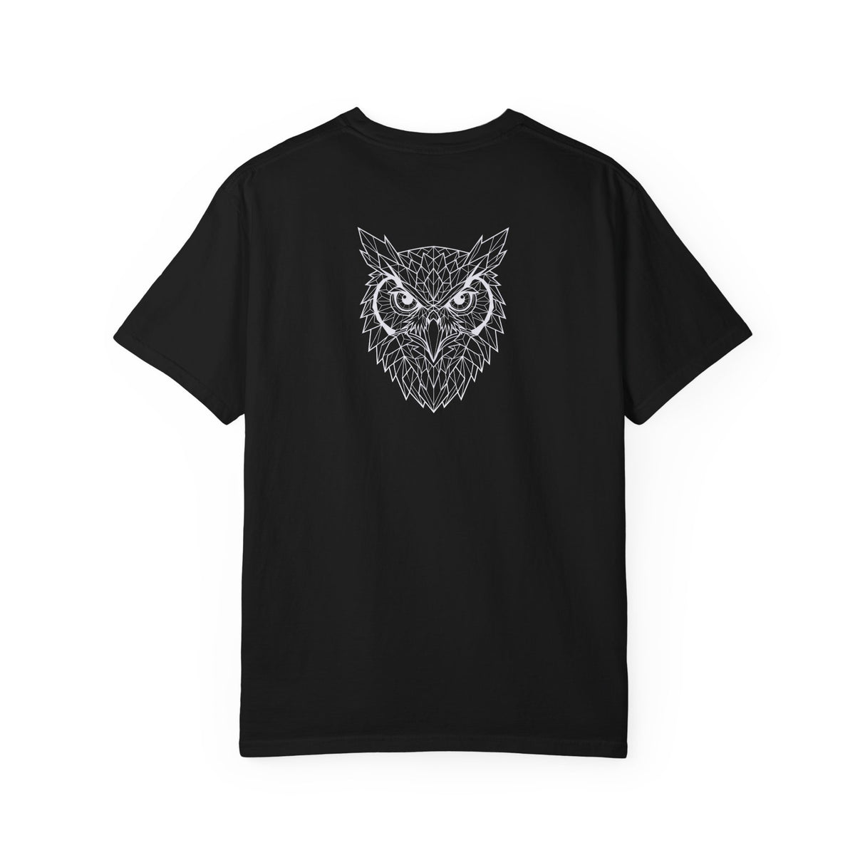 Gray owl graphic T-shirt featuring geometric animal design and the quote "See Everything. Say Nothing." by Printify.