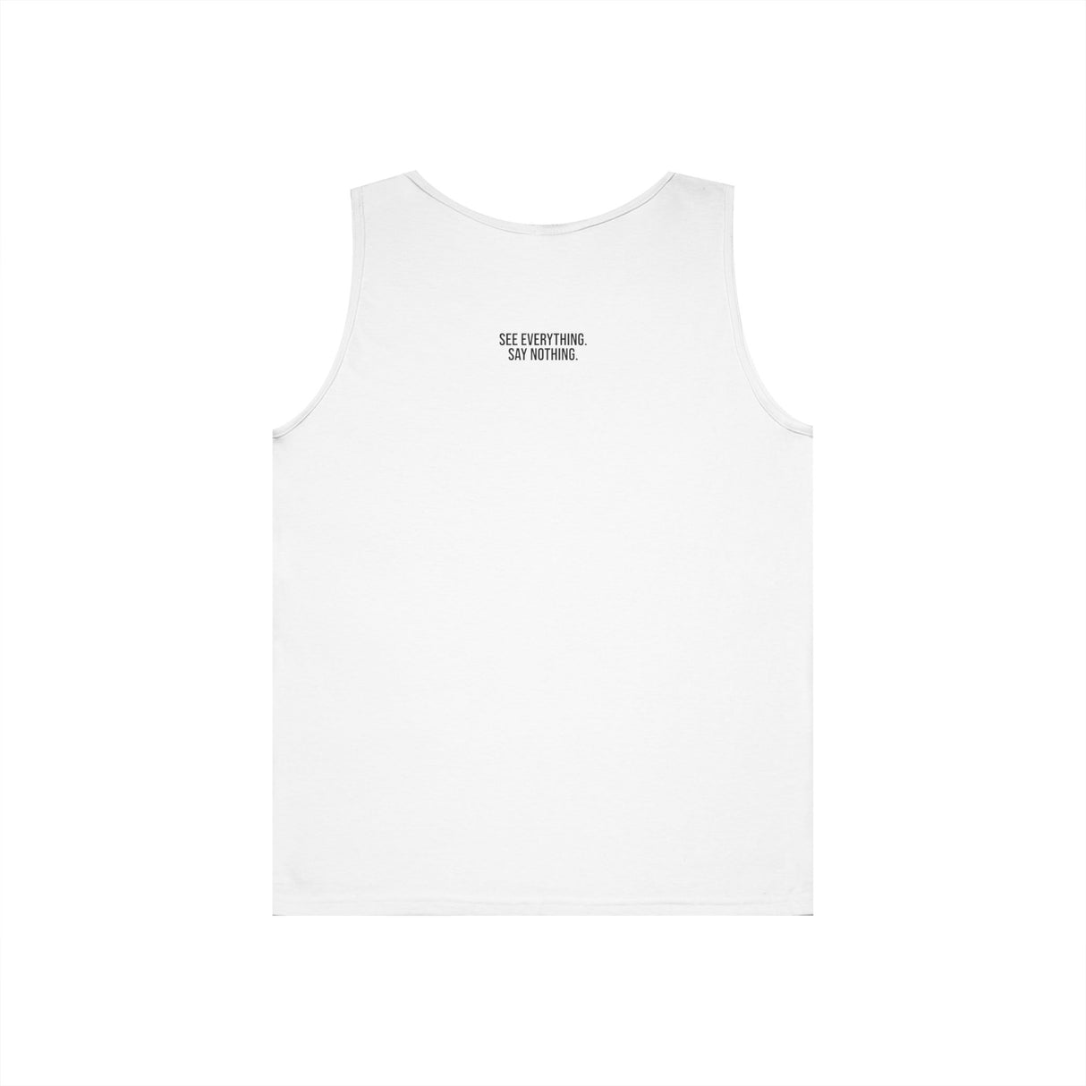 Gray Owl Tank Top from Printify's Geometric Animal Series featuring "See Everything. Say Nothing." design on soft fabric.