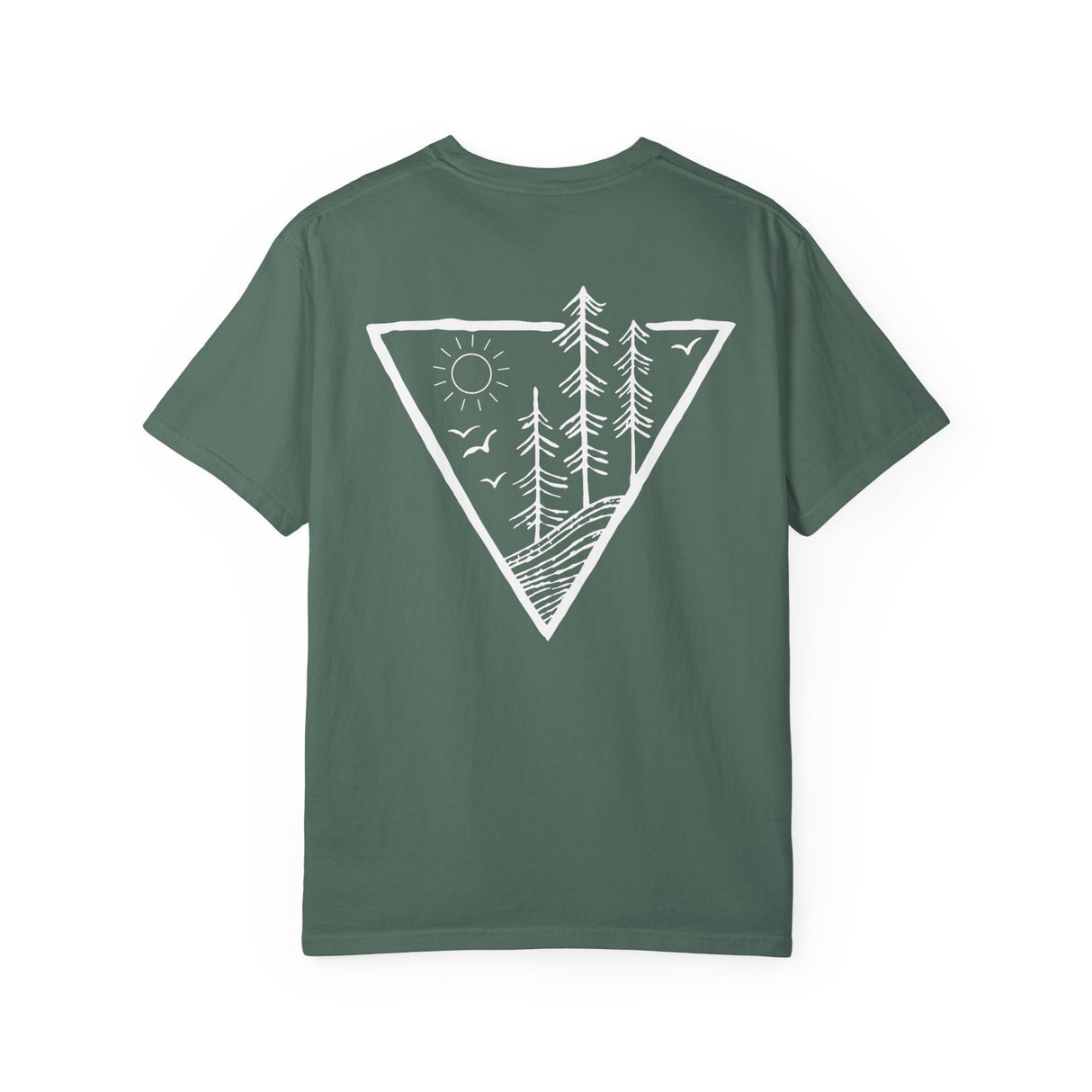 Forest Tee by Printify featuring a nature-inspired design with "Deep Roots. High Rise." text on a casual T-shirt.