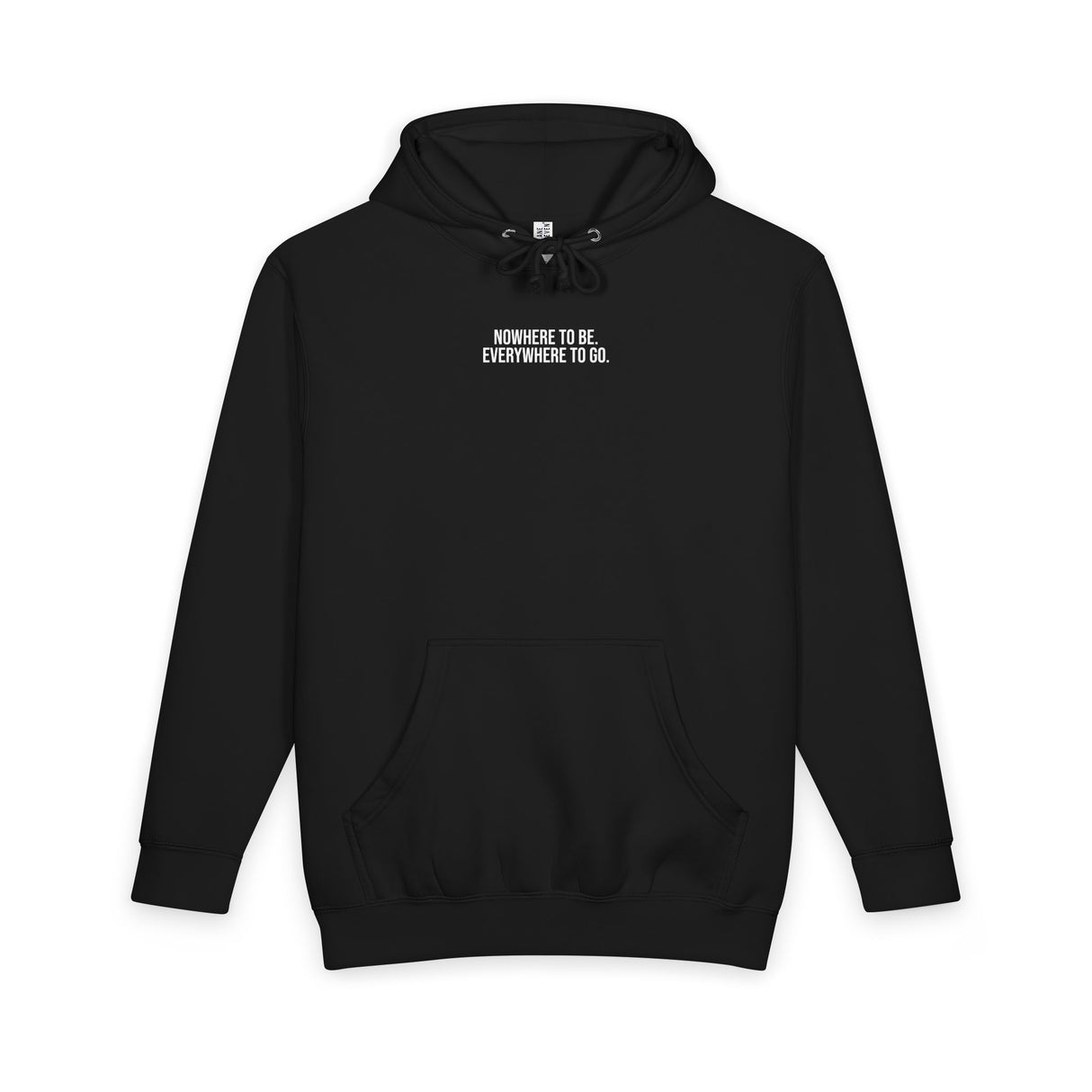 Printify Road Trip Hoodie from the Nature Series featuring a scenic design with the slogan "Nowhere to Be. Everywhere to Go."