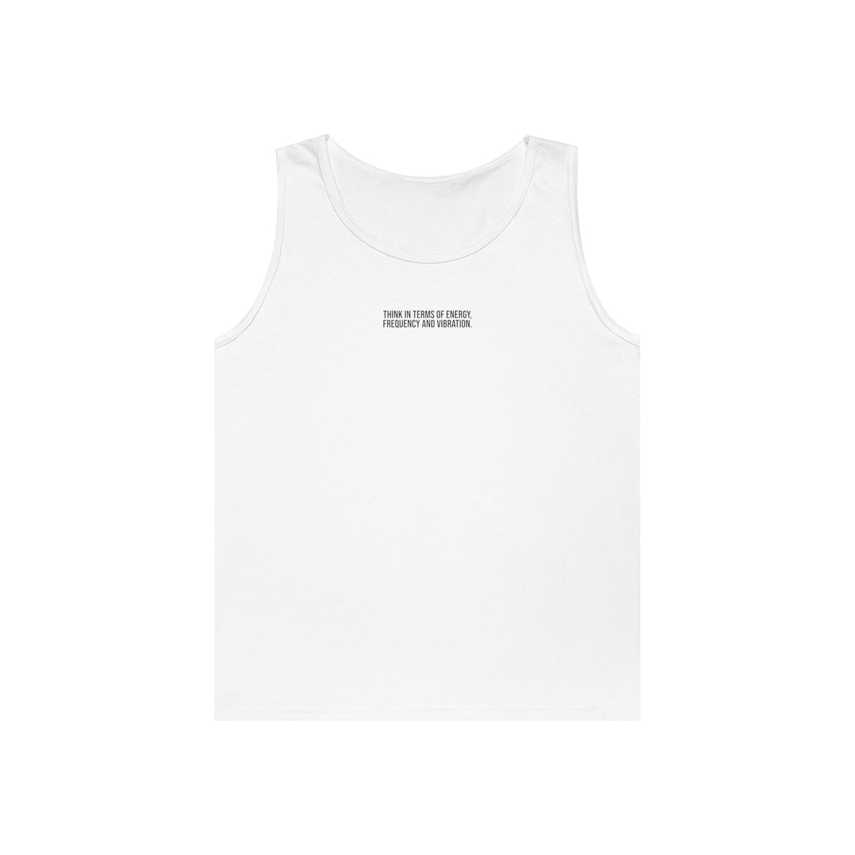 N. Tesla tank top from the Visionaries Series featuring the quote "Think in Terms of Energy, Frequency and Vibration" on a black fabric.