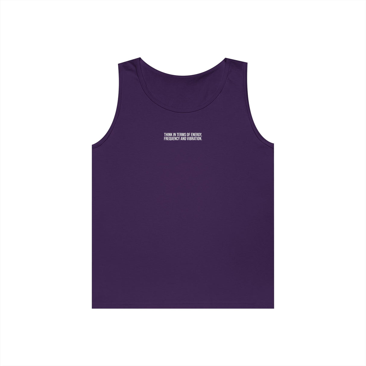 N. Tesla Tank Top featuring the quote "Think in Terms of Energy, Frequency and Vibration" from the Visionaries Series, printed on a casual tank top.