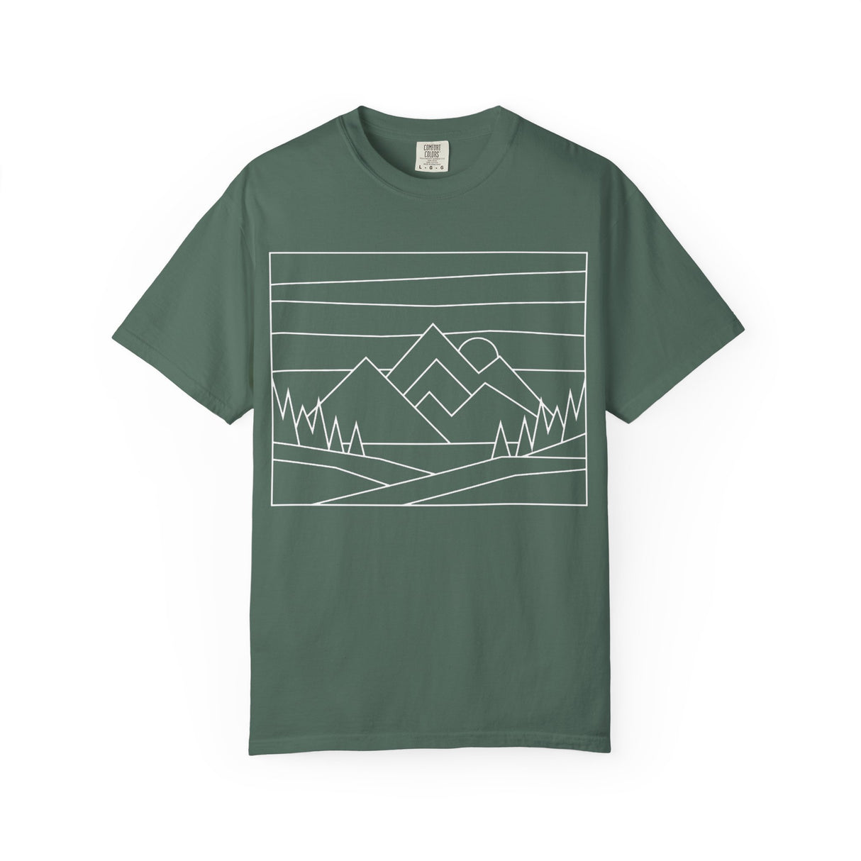 Printify Mountain Tee T-shirt from the Nature Series featuring a mountain graphic and the slogan "Built by Nature. Shaped by Choice."