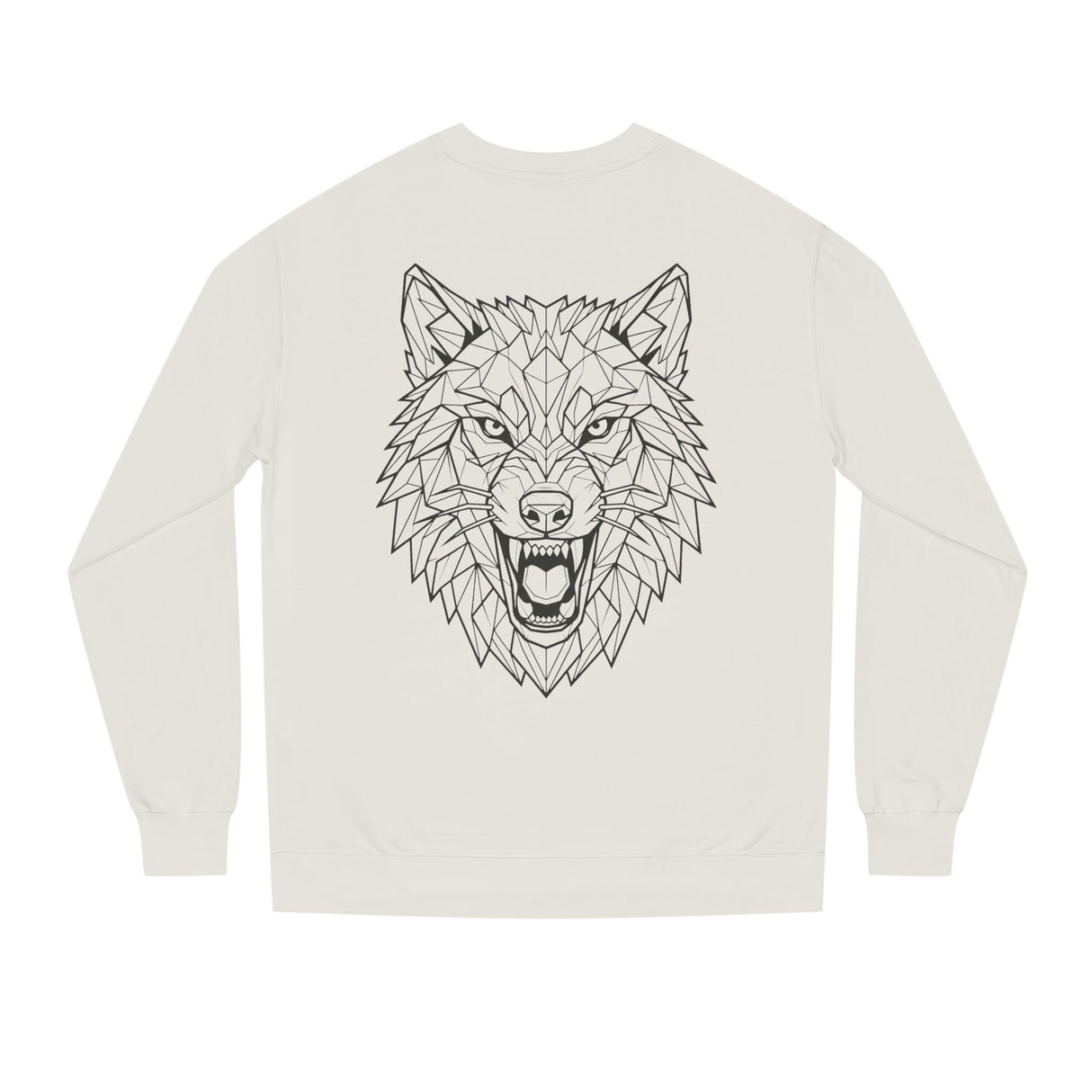 Gray Wolf Sweatshirt with "Hunt Alone. Win Together." quote from the Geometric Animal Series by Printify, featuring a wolf graphic.