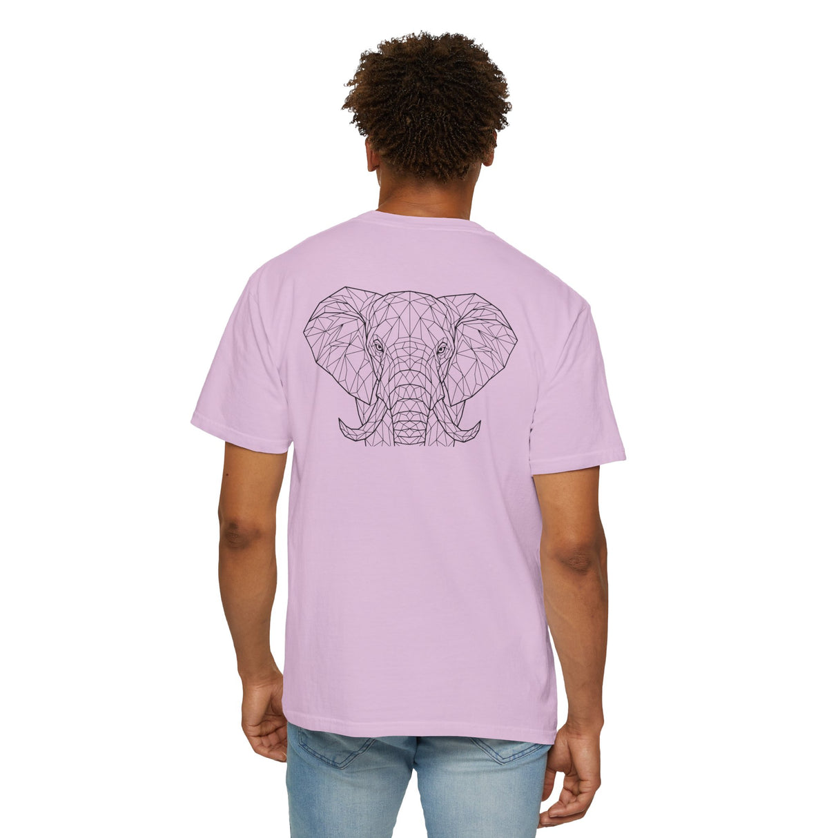 Gray elephant graphic T-shirt by Printify featuring geometric animal design and the phrase "Thick Skin. Soft Heart."