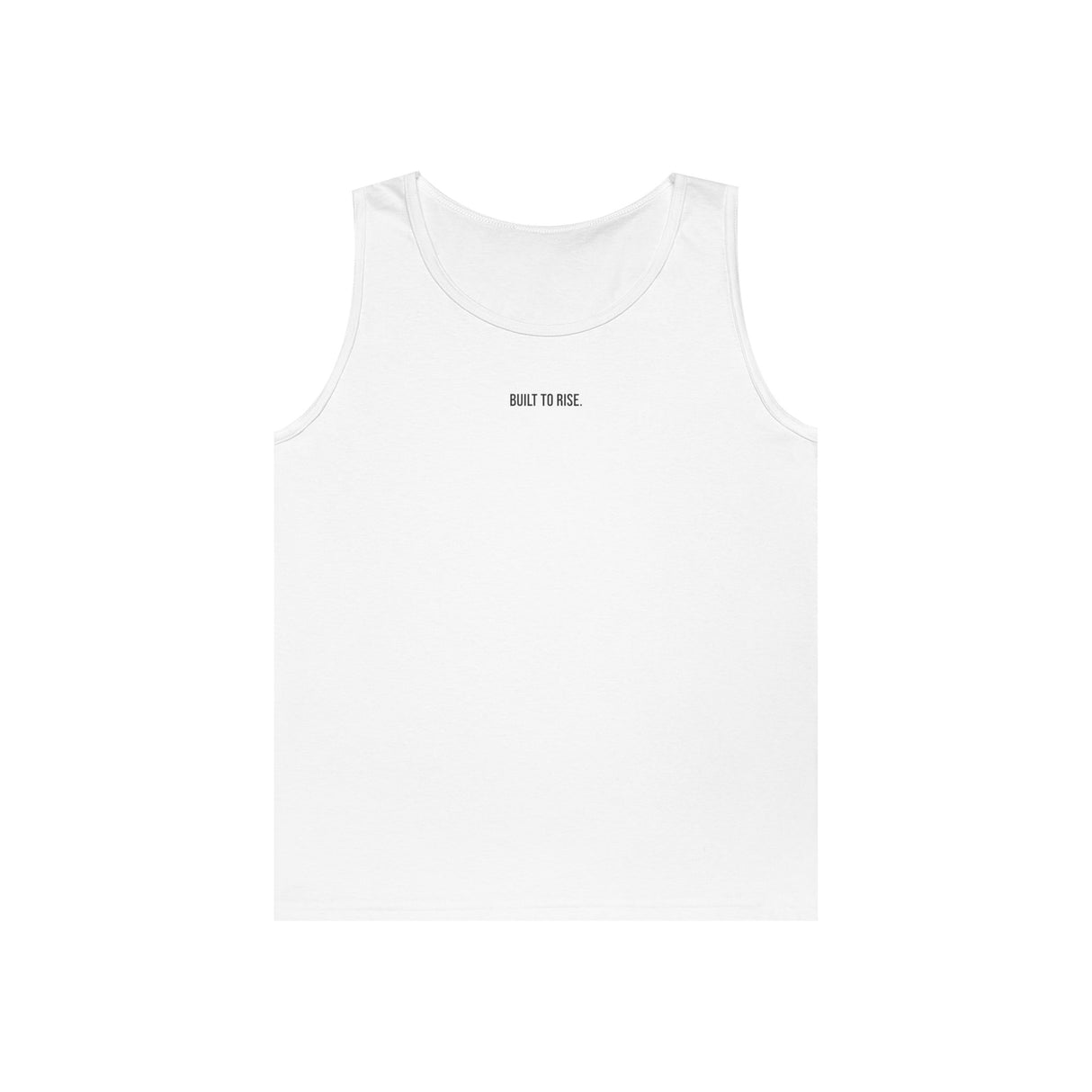 Light gray Peak Tank Top from the Nature Series by Printify, featuring the "Built to Rise" slogan on the front.