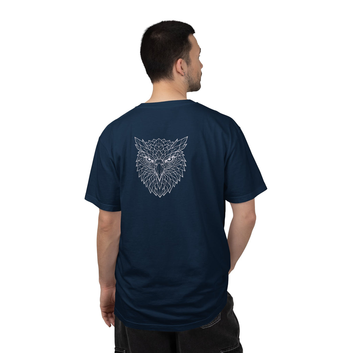 Black Eagle graphic T-shirt from Printify featuring geometric animal design and the phrase "Rise Above Everything."