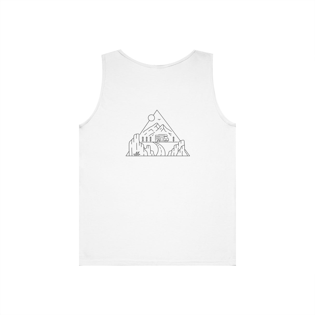 Road Trip Tank Top from the Nature Series by Printify featuring the phrase "Nowhere to Be. Everywhere to Go." on a casual tank top.
