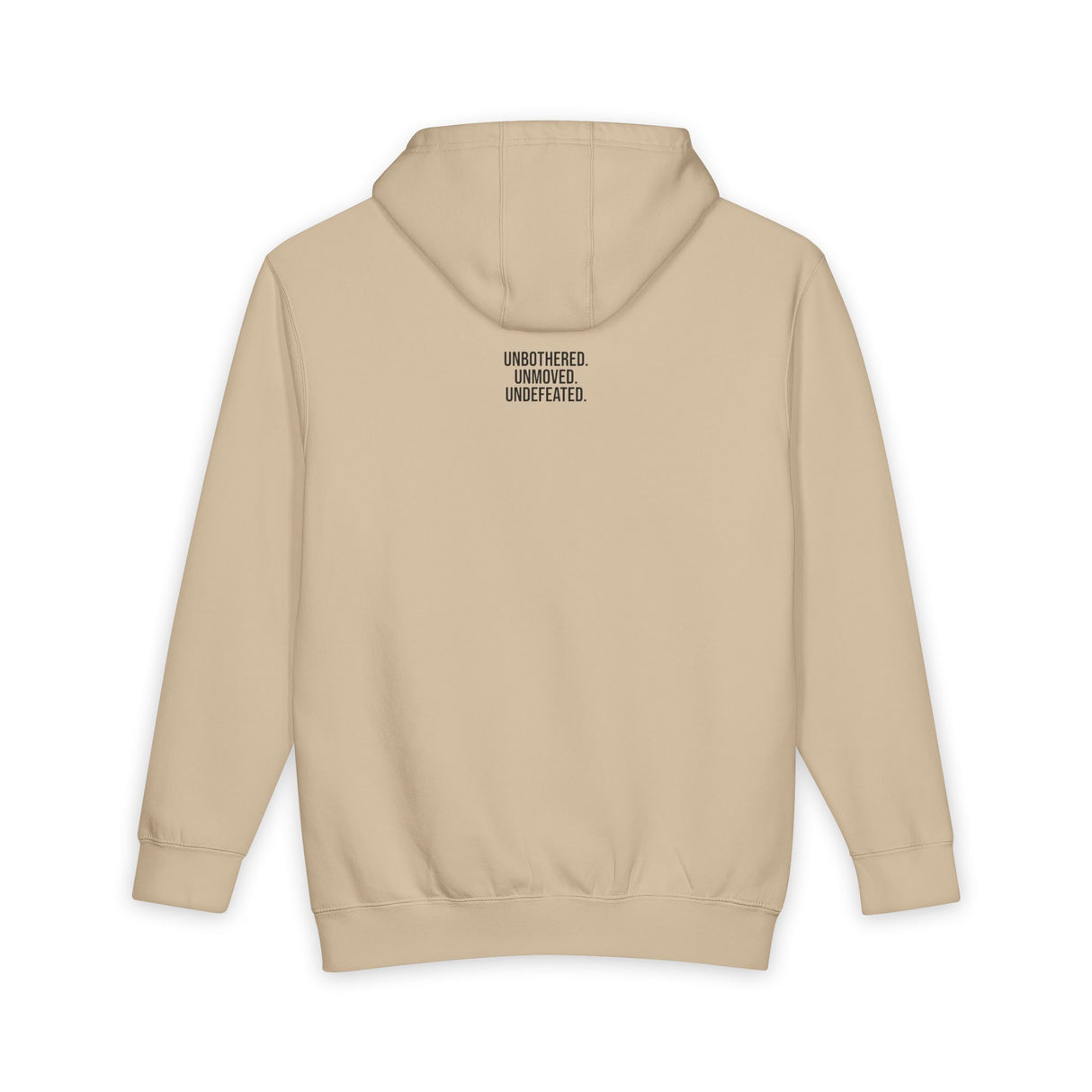 Gray bear hoodie from Printify's geometric animal series featuring "Unbothered. Unmoved. Undefeated." design.