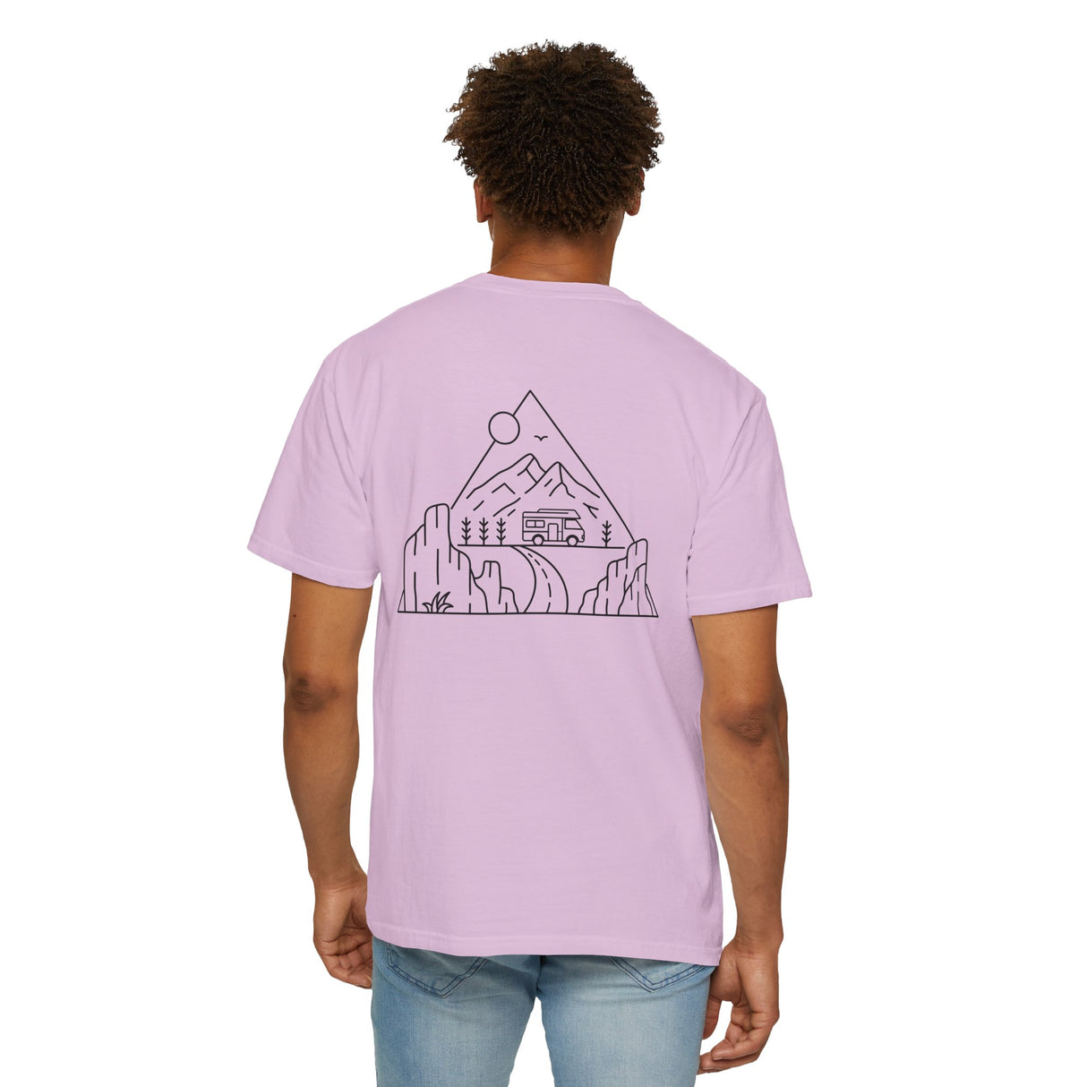 Printify Road Trip T-Shirt from the Nature Series displaying the slogan "Nowhere to Be. Everywhere to Go." in a casual outdoor style.