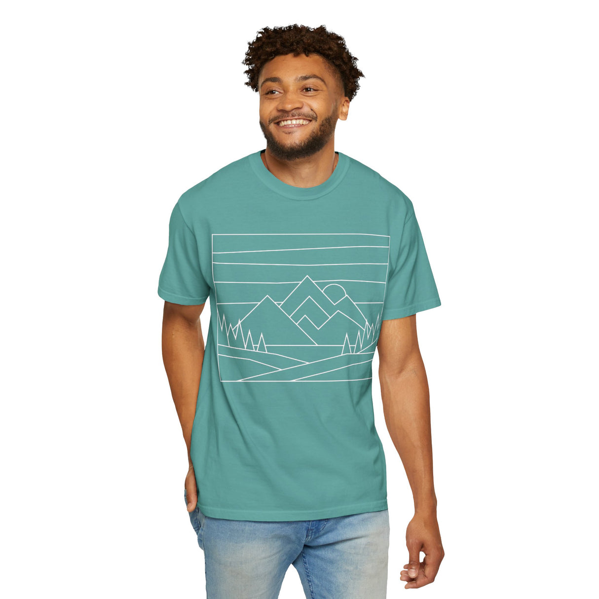 Printify Mountain Tee featuring "Built by Nature. Shaped by Choice." design from the Nature Series, casual graphic t-shirt for outdoor lovers.