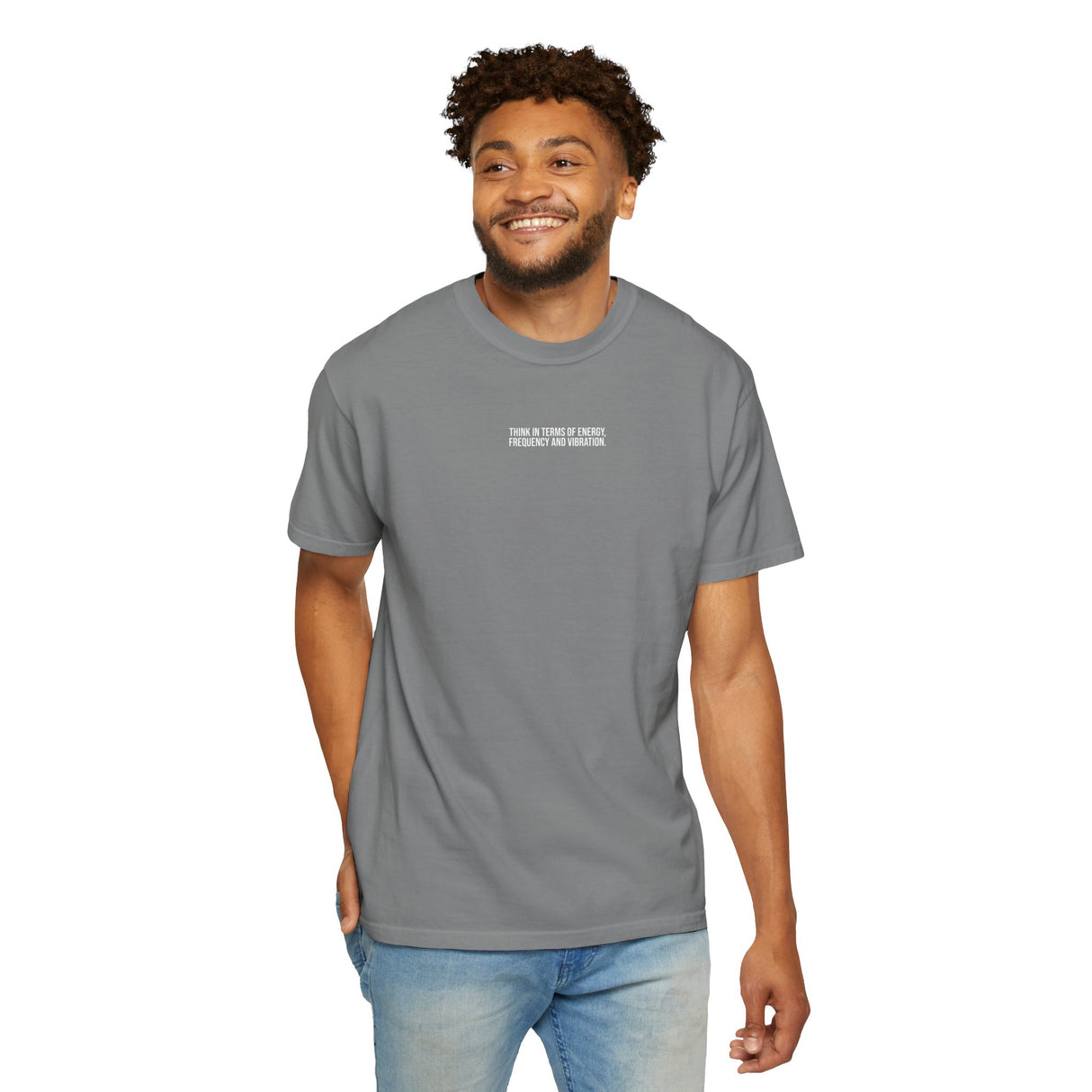 Tesla Tee T-shirt featuring "Think in Terms of Energy, Frequency and Vibration" design from the Visionaries Series, by Printify.