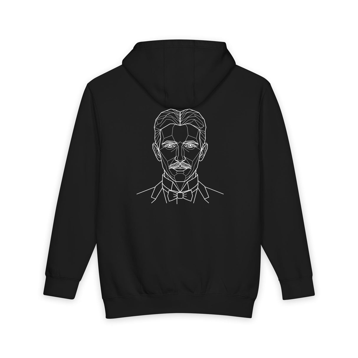 N. Tesla hoodie from Visionaries Series by Printify featuring quote on energy, frequency, and vibration in black fabric.