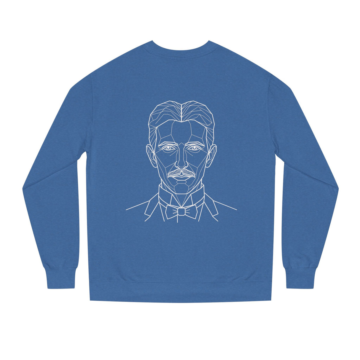 N. Tesla sweatshirt featuring the quote "Think in Terms of Energy, Frequency and Vibration" from the Visionaries Series, by Printify.