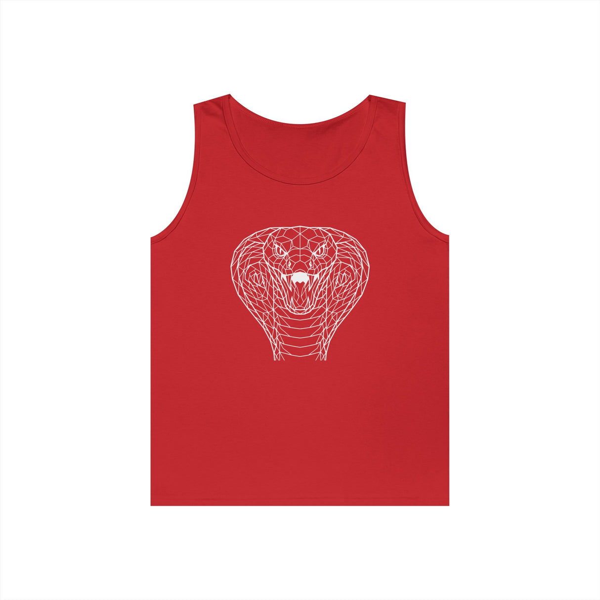 Cobra Tank Top from Printify's Geometric Animal Series featuring a bold cobra graphic and the phrase "Patience is the Deadliest Weapon."
