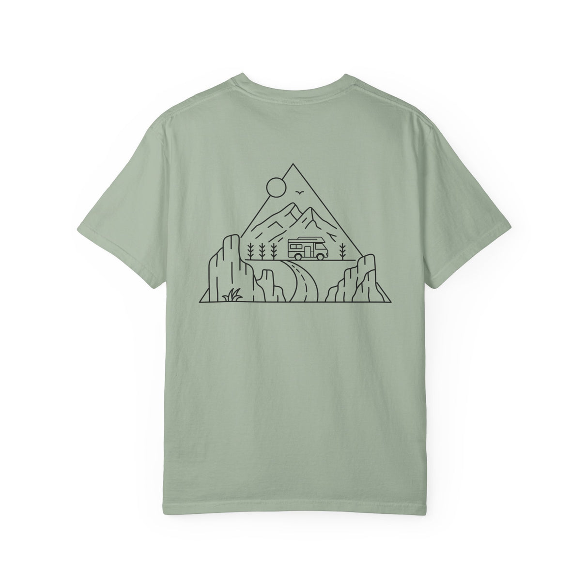Black Road Trip T-Shirt from Printify's Nature Series featuring the quote "Nowhere to Be. Everywhere to Go." displayed on the front.