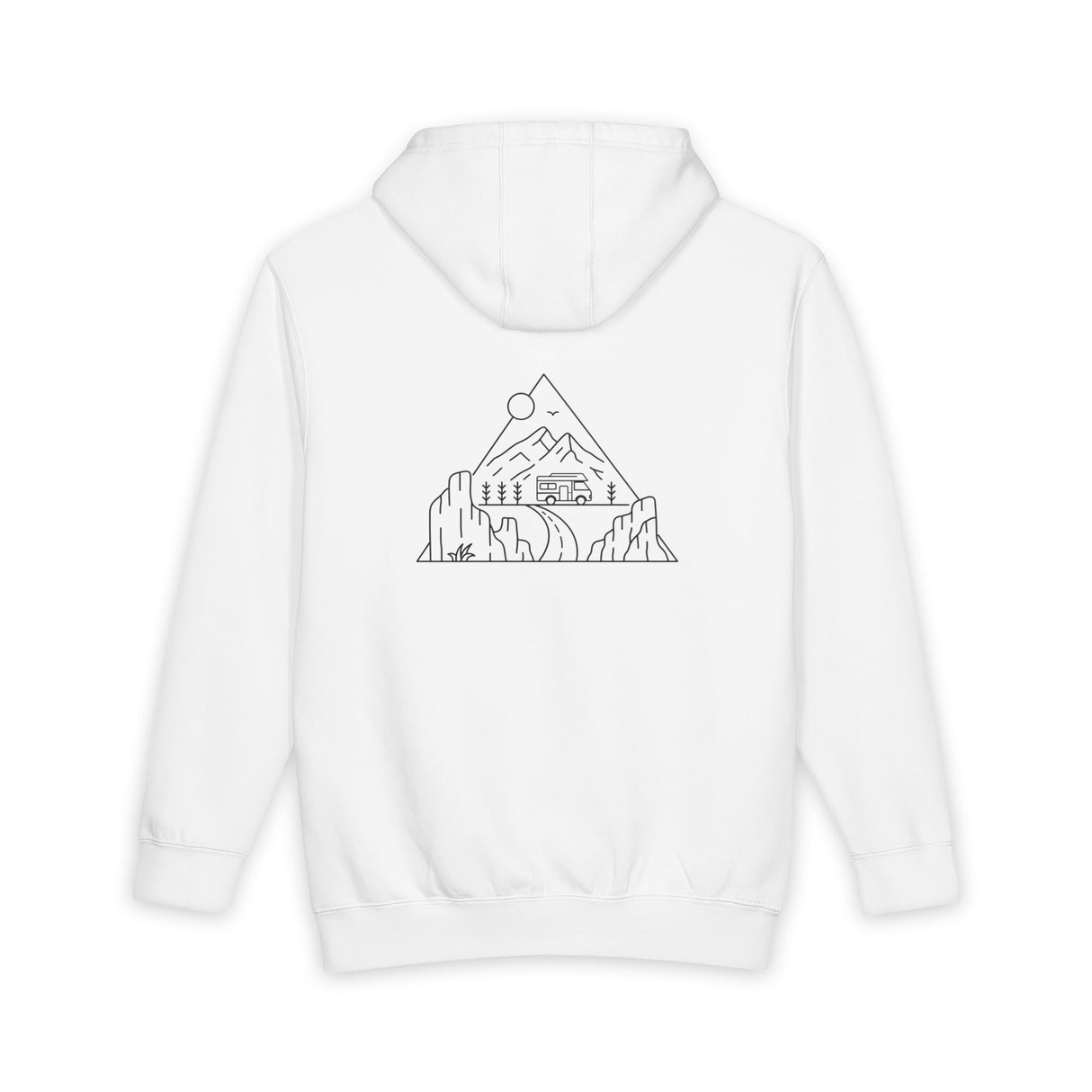 Gray road trip hoodie from the Nature Series by Printify featuring the quote "Nowhere to Be. Everywhere to Go."