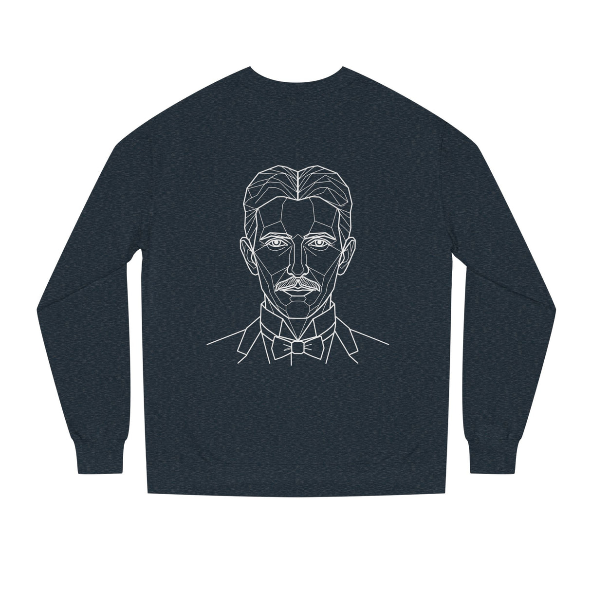 N. Tesla sweatshirt featuring the quote "Think in Terms of Energy, Frequency and Vibration" from the Visionaries Series, printed by Printify.