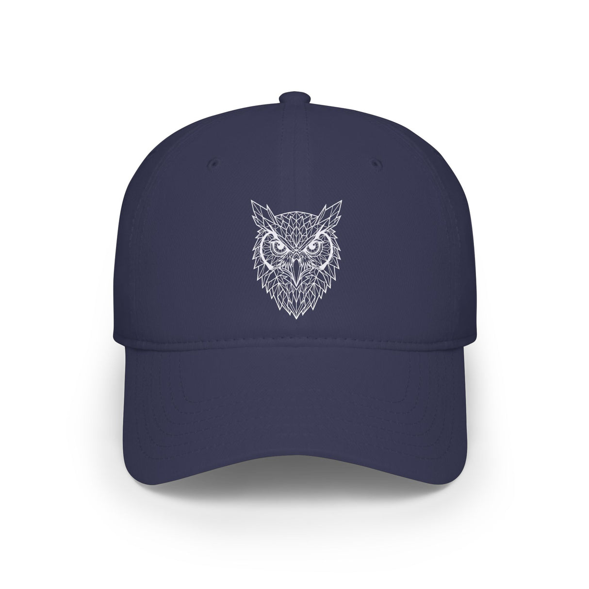 Navy blue cap with white text on a white background