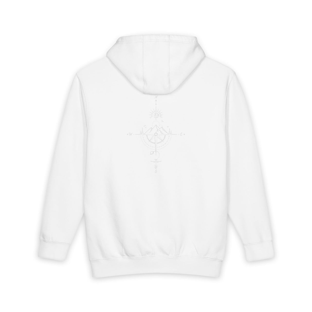 Minimal Compass Hoodie by Printify featuring a subtle nautical compass graphic on a comfortable pullover hoodie.