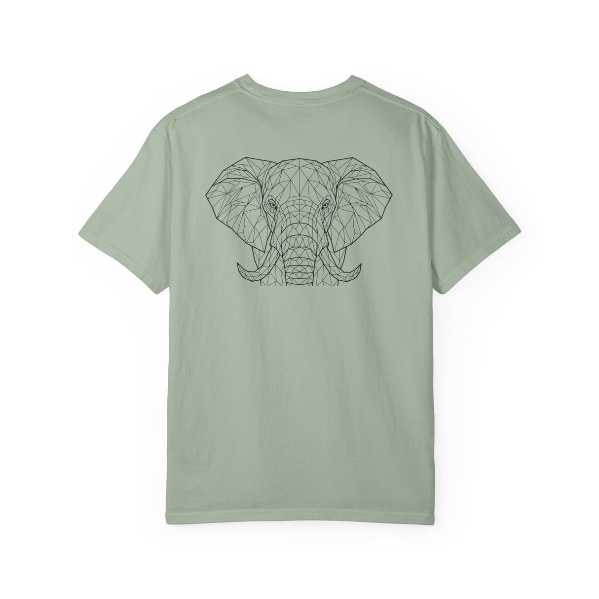 Gray elephant graphic T-shirt from Printify's Geometric Animal Series with "Thick Skin. Soft Heart." slogan, featuring a stylized elephant design.