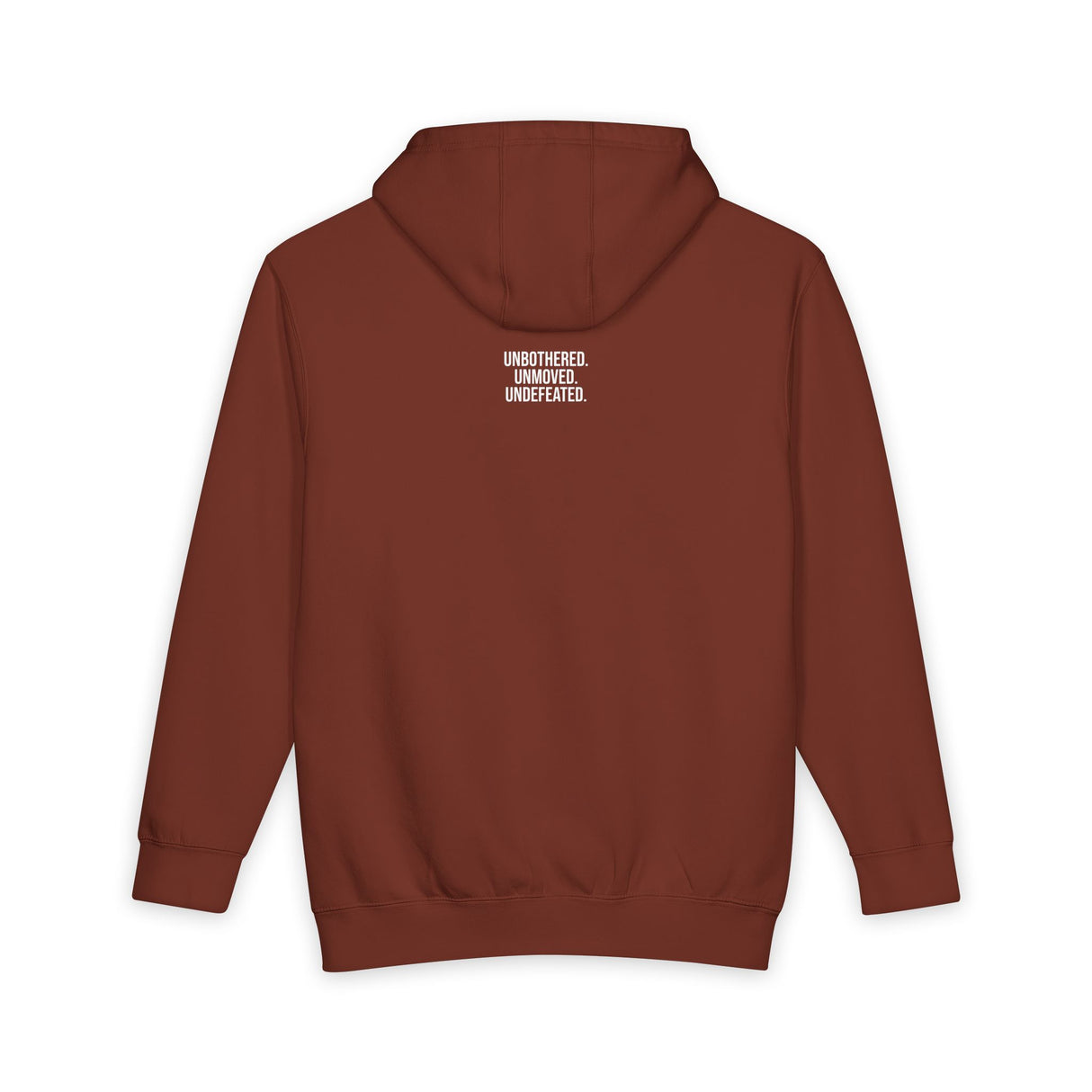 Gray bear hoodie from Printify's geometric animal series with "Unbothered. Unmoved. Undefeated." text, casual and comfortable.