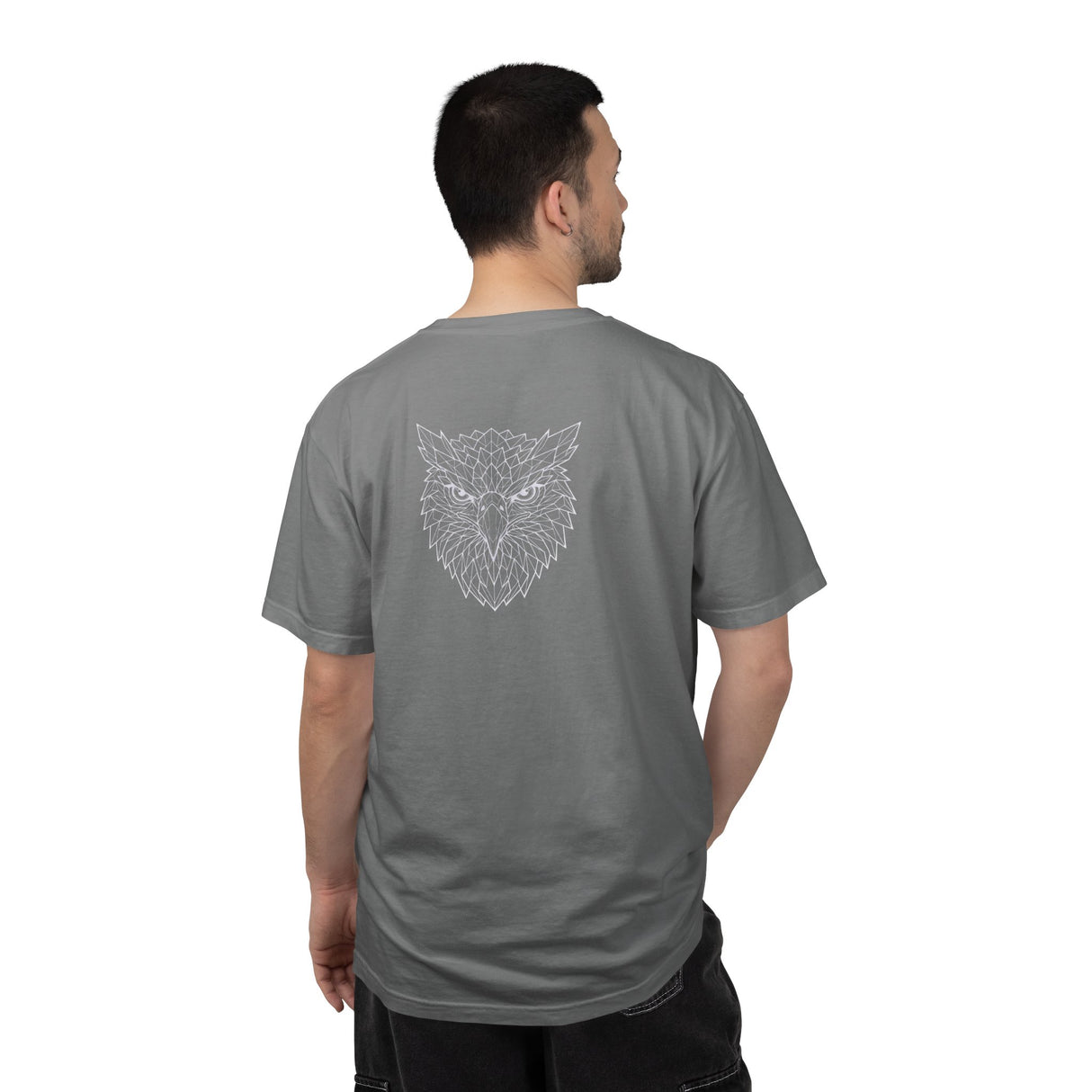 Gray eagle graphic T-shirt from Printify's geometric animal series featuring "Rise Above Everything" slogan.