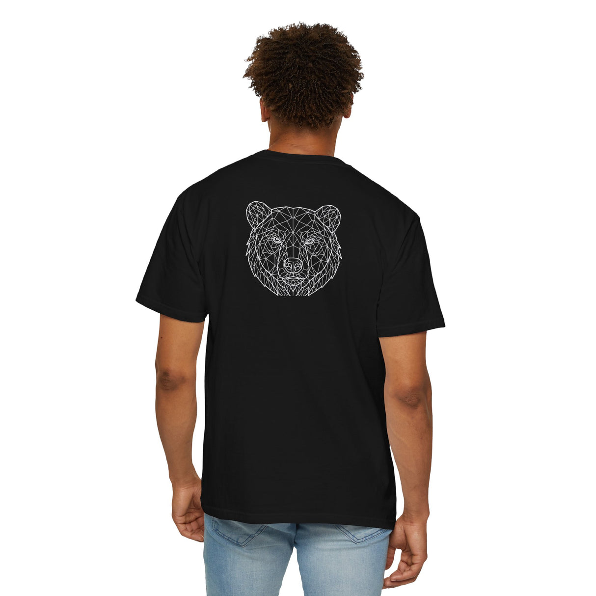 Gray Bear Tee T-shirt featuring geometric bear design and "Unbothered. Unmoved. Undefeated." slogan from Printify's Animal Series.