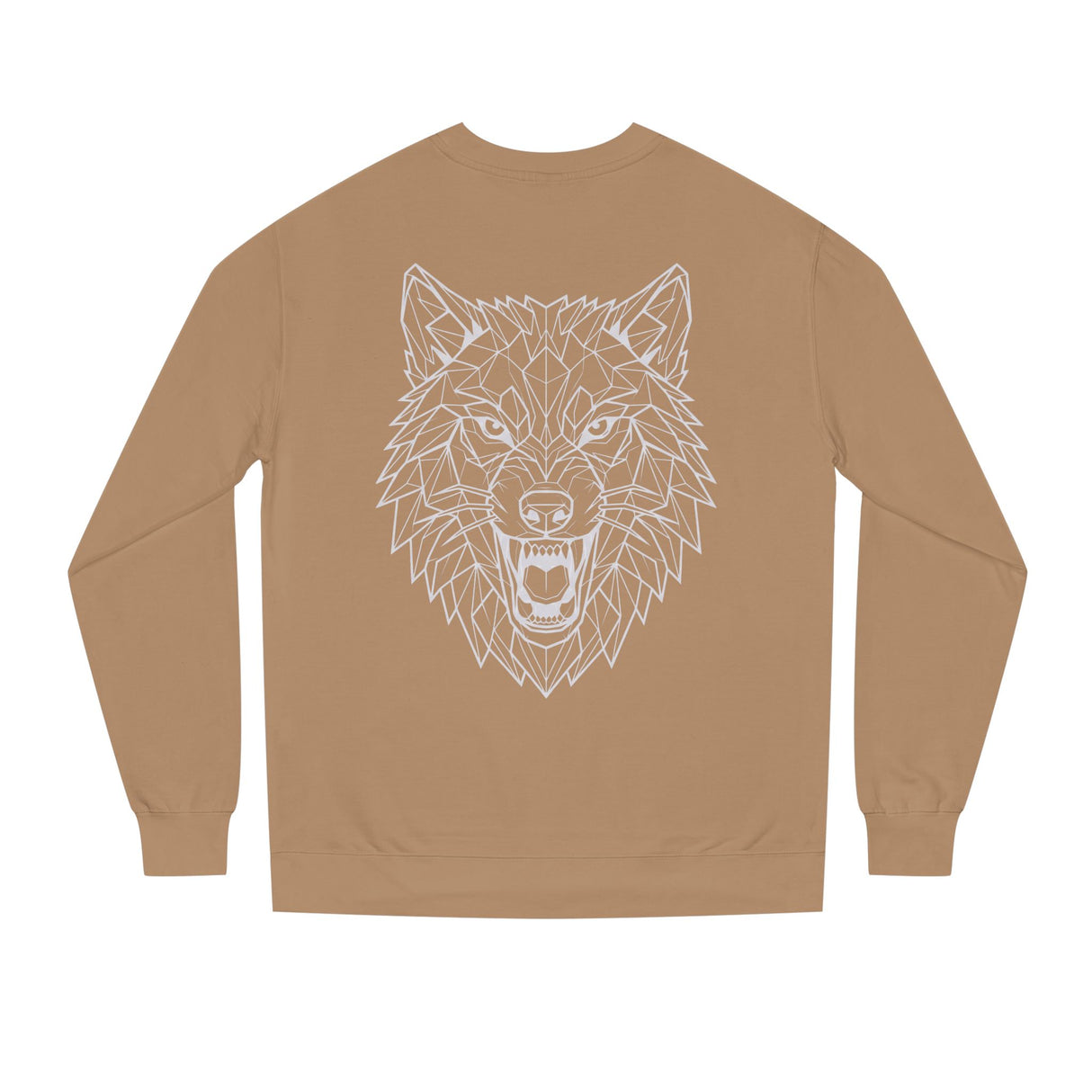 Gray Wolf Sweatshirt by Printify featuring geometric wolf design and the quote "Hunt Alone. Win Together." on the front.