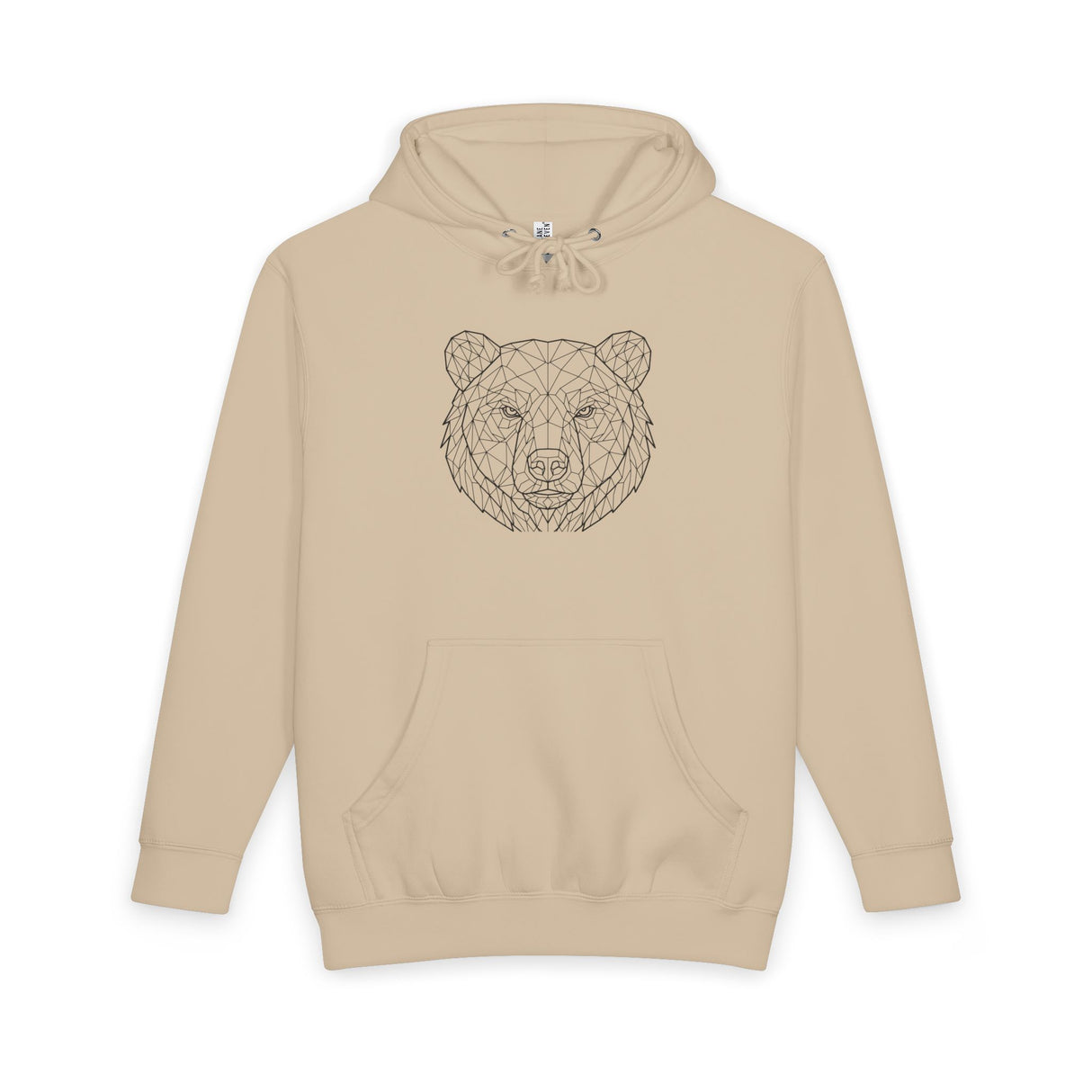Gray bear hoodie with geometric animal design and "Unbothered. Unmoved. Undefeated." text, made by Printify.