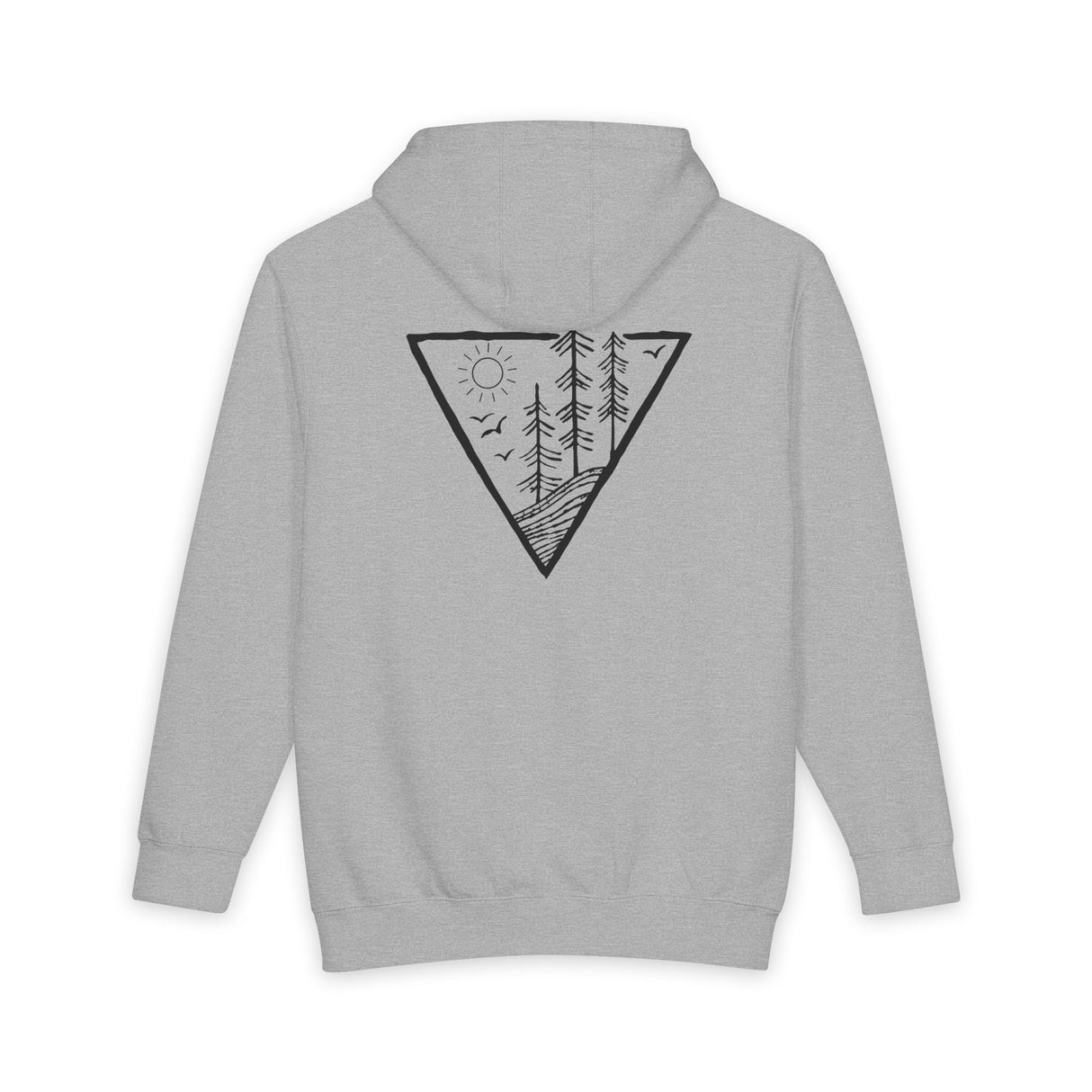 Gray hoodie with a black triangle design on the back against a white background