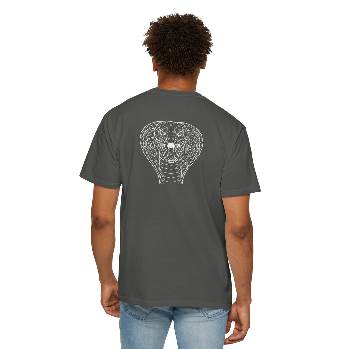 Person wearing a gray t-shirt with a heart-shaped design and text on the back