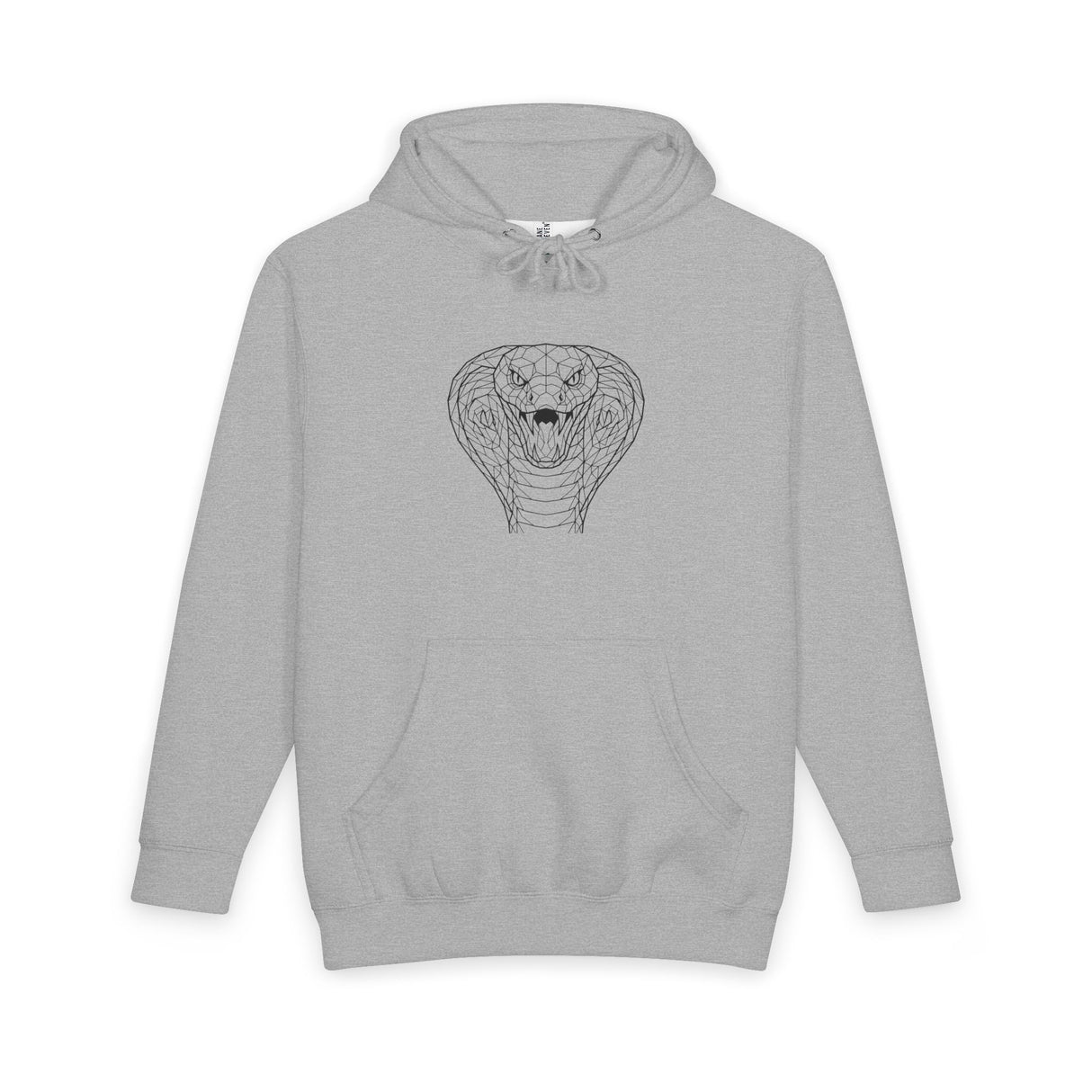 Gray Cobra Hoodie with "Patience is the Deadliest Weapon" text and geometric animal design, by Printify in the Geometric Animal Series
