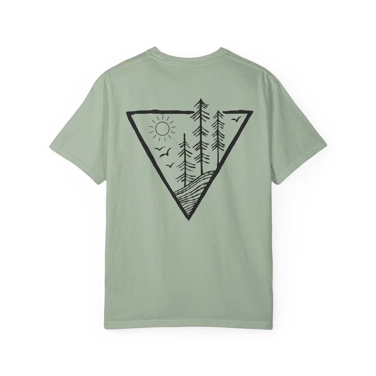 Forest Tee T-shirt from the Nature Series featuring a "Deep Roots. High Rise." design, printed by Printify on a comfortable cotton shirt.